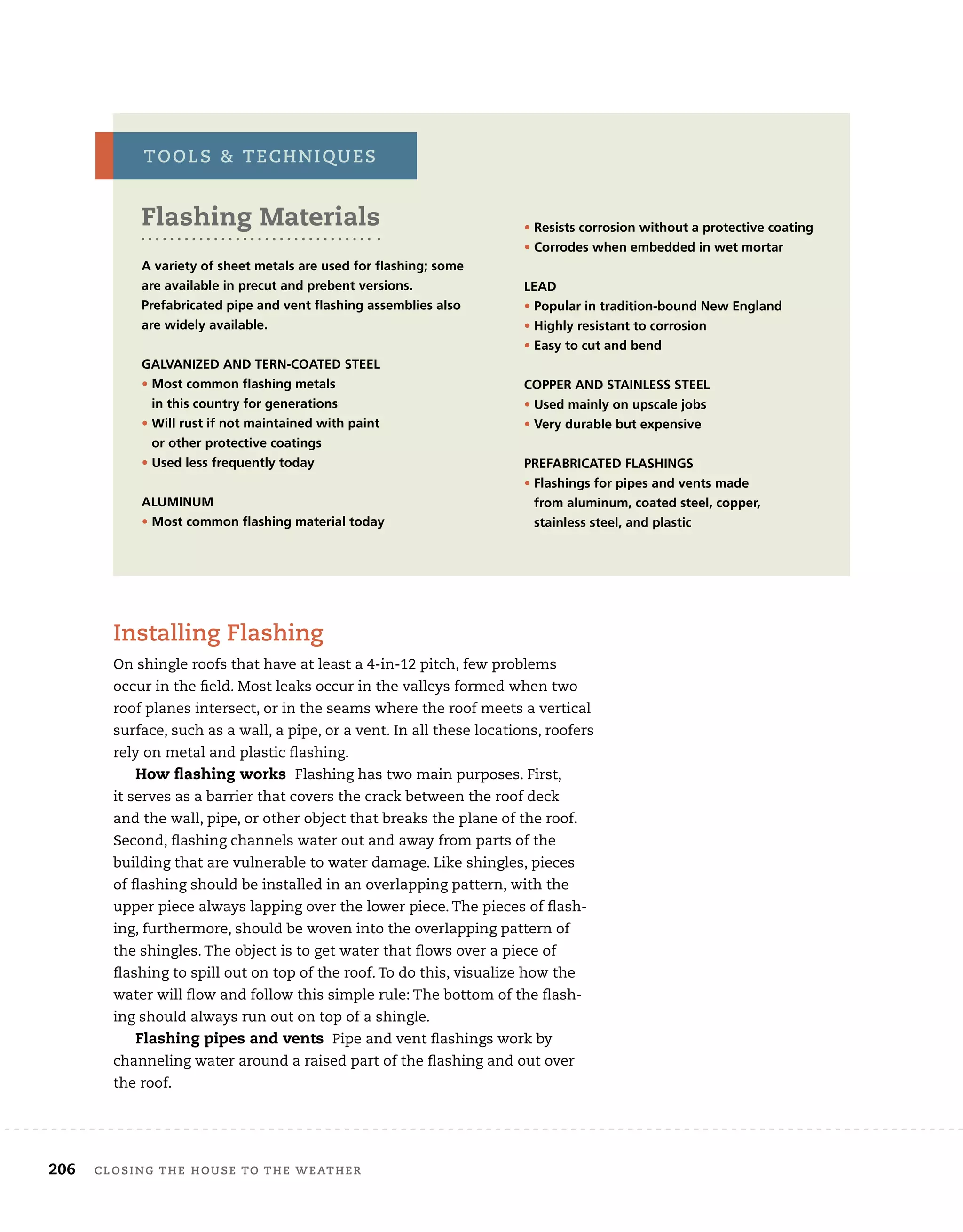 206	 closing the house to the weather 	
Installing Flashing
On shingle roofs that have at least a 4-in-12 pitch, few problems
occur in the field. Most leaks occur in the valleys formed when two
roof planes intersect, or in the seams where the roof meets a vertical
surface, such as a wall, a pipe, or a vent. In all these locations, roofers
rely on metal and plastic flashing.
How flashing works Flashing has two main purposes. First,
it serves as a barrier that covers the crack between the roof deck
and the wall, pipe, or other object that breaks the plane of the roof.
Second, flashing channels water out and away from parts of the
building that are vulnerable to water damage. Like shingles, pieces
of flashing should be installed in an overlapping pattern, with the
upper piece always lapping over the lower piece. The pieces of flash-
ing, furthermore, should be woven into the overlapping pattern of
the shingles. The object is to get water that flows over a piece of
flashing to spill out on top of the roof. To do this, visualize how the
water will flow and follow this simple rule: The bottom of the flash-
ing should always run out on top of a shingle.
Flashing pipes and vents Pipe and vent flashings work by
channeling water around a raised part of the flashing and out over
the roof.
• 
Resists corrosion without a protective coating
• 
Corrodes when embedded in wet mortar
Lead
• 
Popular in tradition-bound New England
• 
Highly resistant to corrosion
• Easy to cut and bend
Copper and stainless steel
• 
Used mainly on upscale jobs
• 
Very durable but expensive
Prefabricated flashings
• Flashings for pipes and vents made
from aluminum, coated steel, copper,
stainless steel, and plastic
tools  techniques
Flashing Materials
A variety of sheet metals are used for flashing; some
are available in precut and prebent versions.
Prefabricated pipe and vent flashing assemblies also
are widely available.
Galvanized and tern-coated steel
• 
Most common flashing metals
in this country for generations
• 
Will rust if not maintained with paint
or other protective coatings
• 
Used less frequently today
Aluminum
• 
Most common flashing material today
 