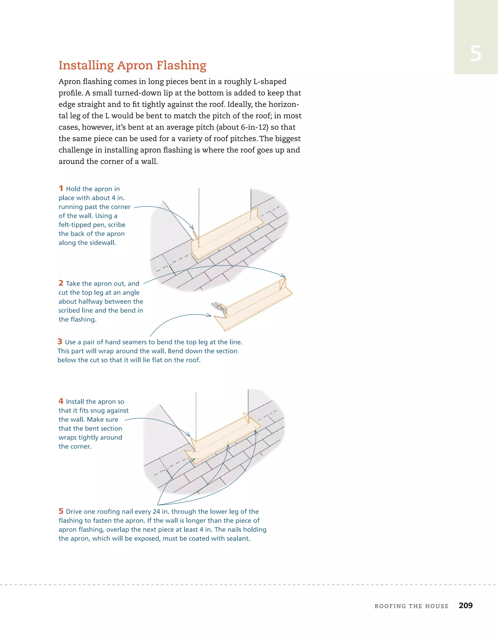 roofing tHe House 209
5
installing apron flashing
Apron flashing comes in long pieces bent in a roughly L-shaped
profile. A small turned-down lip at the bottom is added to keep that
edge straight and to fit tightly against the roof. Ideally, the horizon-
tal leg of the L would be bent to match the pitch of the roof; in most
cases, however, it’s bent at an average pitch (about 6-in-12) so that
the same piece can be used for a variety of roof pitches. The biggest
challenge in installing apron flashing is where the roof goes up and
around the corner of a wall.
1 Hold the apron in
place with about 4 in.
running past the corner
of the wall. Using a
felt-tipped pen, scribe
the back of the apron
along the sidewall.
2 Take the apron out, and
cut the top leg at an angle
about halfway between the
scribed line and the bend in
the flashing.
3 Use a pair of hand seamers to bend the top leg at the line.
This part will wrap around the wall. Bend down the section
below the cut so that it will lie flat on the roof.
4 Install the apron so
that it fits snug against
the wall. Make sure
that the bent section
wraps tightly around
the corner.
5 Drive one roofing nail every 24 in. through the lower leg of the
flashing to fasten the apron. If the wall is longer than the piece of
apron flashing, overlap the next piece at least 4 in. The nails holding
the apron, which will be exposed, must be coated with sealant.
 