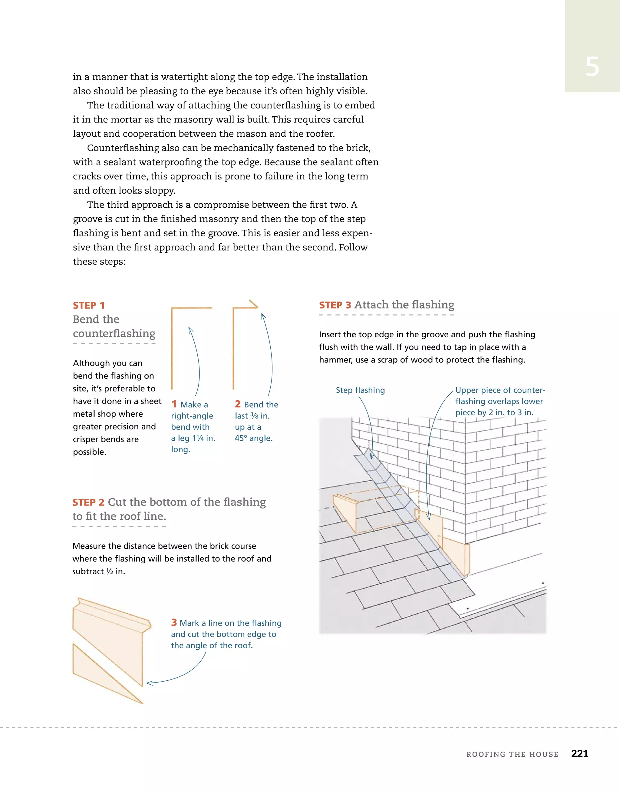 roofing tHe House 221
5
in a manner that is watertight along the top edge. The installation
also should be pleasing to the eye because it’s often highly visible.
The traditional way of attaching the counterflashing is to embed
it in the mortar as the masonry wall is built. This requires careful
layout and cooperation between the mason and the roofer.
Counterflashing also can be mechanically fastened to the brick,
with a sealant waterproofing the top edge. Because the sealant often
cracks over time, this approach is prone to failure in the long term
and often looks sloppy.
The third approach is a compromise between the first two. A
groove is cut in the finished masonry and then the top of the step
flashing is bent and set in the groove. This is easier and less expen-
sive than the first approach and far better than the second. Follow
these steps:
STEP 1
Bend the
counterﬂashing
Although you can
bend the flashing on
site, it’s preferable to
have it done in a sheet
metal shop where
greater precision and
crisper bends are
possible.
3 Mark a line on the flashing
and cut the bottom edge to
the angle of the roof.
1 Make a
right-angle
bend with
a leg 11⁄4 in.
long.
2 Bend the
last 3⁄8 in.
up at a
45º angle.
Step flashing
STEP 3 attach the ﬂashing
Insert the top edge in the groove and push the flashing
flush with the wall. If you need to tap in place with a
hammer, use a scrap of wood to protect the flashing.
STEP 2 Cut the bottom of the ﬂashing
to fit the roof line.
Measure the distance between the brick course
where the flashing will be installed to the roof and
subtract ½ in.
Upper piece of counter-
flashing overlaps lower
piece by 2 in. to 3 in.
 
