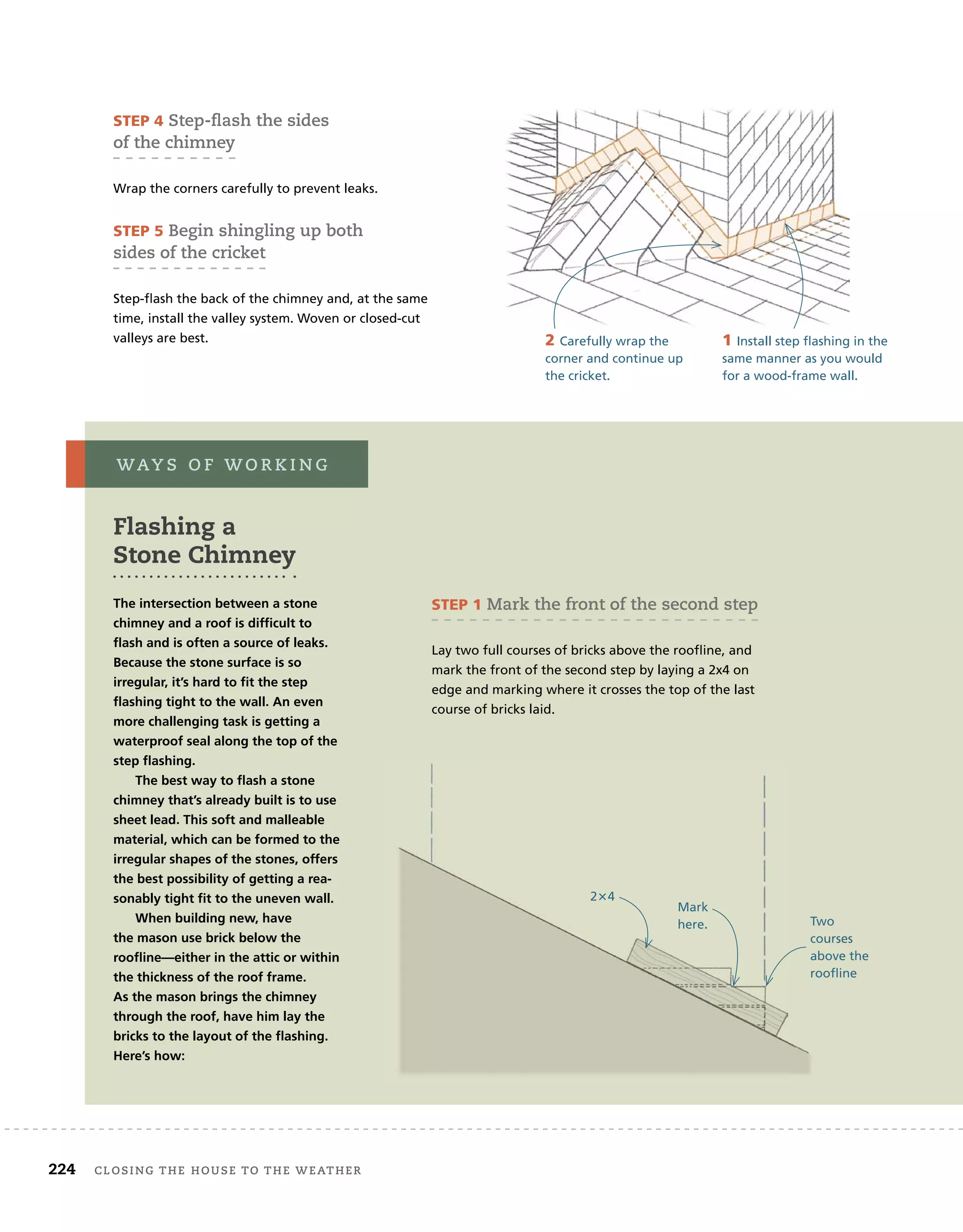 224 Closing tHe House to tHe WeatHer
STEP 4 step-ﬂash the sides
of the chimney
Wrap the corners carefully to prevent leaks.
STEP 5 Begin shingling up both
sides of the cricket
Step-flash the back of the chimney and, at the same
time, install the valley system. Woven or closed-cut
valleys are best. 1 Install step flashing in the
same manner as you would
for a wood-frame wall.
2 Carefully wrap the
corner and continue up
the cricket.
STEP 1 Mark the front of the second step
Lay two full courses of bricks above the roofline, and
mark the front of the second step by laying a 2x4 on
edge and marking where it crosses the top of the last
course of bricks laid.
Flashing a
Stone Chimney
The intersection between a stone
chimney and a roof is difficult to
flash and is often a source of leaks.
because the stone surface is so
irregular, it’s hard to fit the step
flashing tight to the wall. An even
more challenging task is getting a
waterproof seal along the top of the
step flashing.
The best way to flash a stone
chimney that’s already built is to use
sheet lead. This soft and malleable
material, which can be formed to the
irregular shapes of the stones, offers
the best possibility of getting a rea-
sonably tight fit to the uneven wall.
When building new, have
the mason use brick below the
roofline—either in the attic or within
the thickness of the roof frame.
As the mason brings the chimney
through the roof, have him lay the
bricks to the layout of the flashing.
Here’s how:
Way s o f W o r k i n g
Two
courses
above the
roofline
Mark
here.
24
 