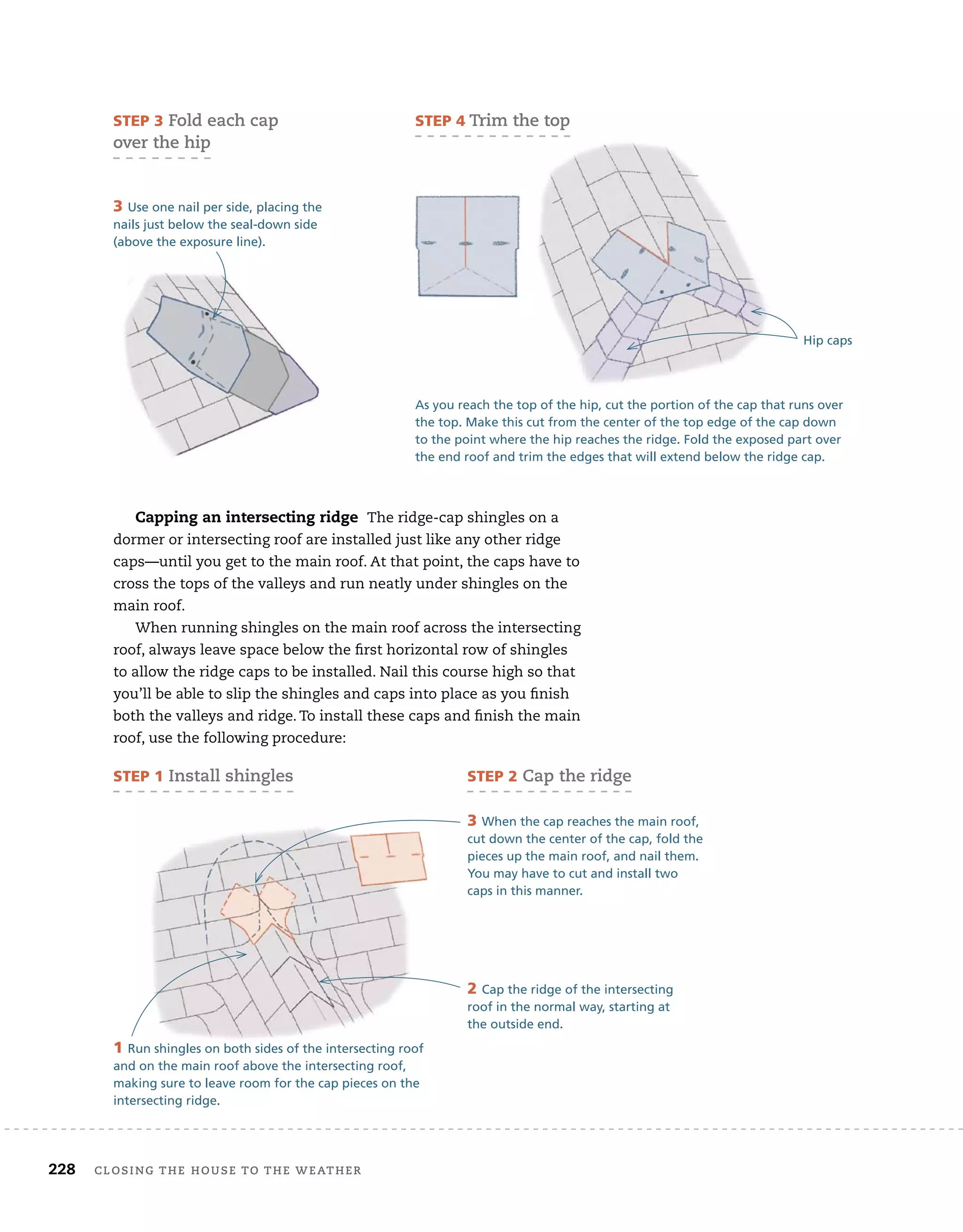228 Closing tHe House to tHe WeatHer
STEP 1 install shingles
Capping an intersecting ridge The ridge-cap shingles on a
dormer or intersecting roof are installed just like any other ridge
caps—until you get to the main roof. At that point, the caps have to
cross the tops of the valleys and run neatly under shingles on the
main roof.
When running shingles on the main roof across the intersecting
roof, always leave space below the first horizontal row of shingles
to allow the ridge caps to be installed. Nail this course high so that
you’ll be able to slip the shingles and caps into place as you finish
both the valleys and ridge. To install these caps and finish the main
roof, use the following procedure:
STEP 3 fold each cap
over the hip
3 Use one nail per side, placing the
nails just below the seal-down side
(above the exposure line).
3 When the cap reaches the main roof,
cut down the center of the cap, fold the
pieces up the main roof, and nail them.
You may have to cut and install two
caps in this manner.
As you reach the top of the hip, cut the portion of the cap that runs over
the top. Make this cut from the center of the top edge of the cap down
to the point where the hip reaches the ridge. Fold the exposed part over
the end roof and trim the edges that will extend below the ridge cap.
STEP 4 trim the top
STEP 2 Cap the ridge
1 Run shingles on both sides of the intersecting roof
and on the main roof above the intersecting roof,
making sure to leave room for the cap pieces on the
intersecting ridge.
2 Cap the ridge of the intersecting
roof in the normal way, starting at
the outside end.
Hip caps
 
