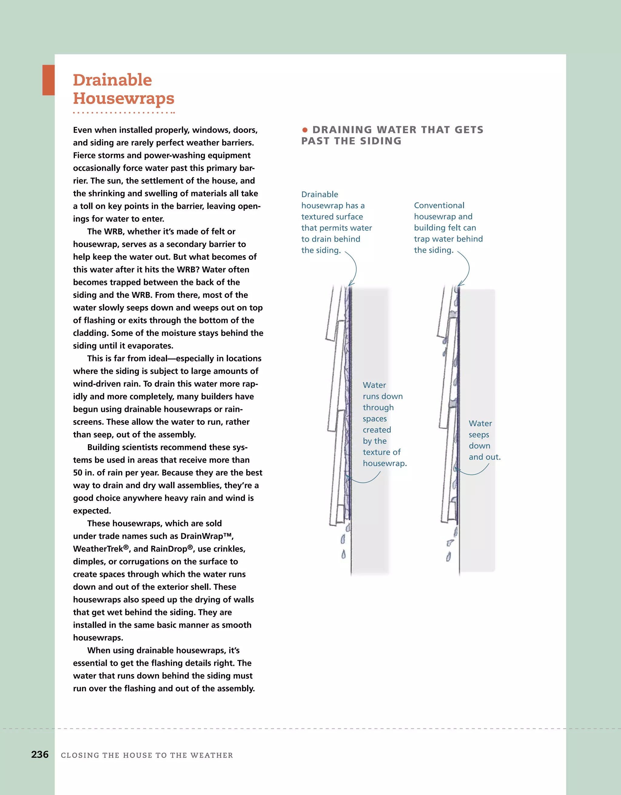 Drainable
Housewraps
Even when installed properly, windows, doors,
and siding are rarely perfect weather barriers.
Fierce storms and power-washing equipment
occasionally force water past this primary bar-
rier. The sun, the settlement of the house, and
the shrinking and swelling of materials all take
a toll on key points in the barrier, leaving open-
ings for water to enter.
The WRB, whether it’s made of felt or
housewrap, serves as a secondary barrier to
help keep the water out. But what becomes of
this water after it hits the WRB? Water often
becomes trapped between the back of the
siding and the WRB. From there, most of the
water slowly seeps down and weeps out on top
of flashing or exits through the bottom of the
cladding. Some of the moisture stays behind the
siding until it evaporates.
This is far from ideal—especially in locations
where the siding is subject to large amounts of
wind-driven rain. To drain this water more rap-
idly and more completely, many builders have
begun using drainable housewraps or rain-
screens. These allow the water to run, rather
than seep, out of the assembly.
Building scientists recommend these sys-
tems be used in areas that receive more than
50 in. of rain per year. Because they are the best
way to drain and dry wall assemblies, they’re a
good choice anywhere heavy rain and wind is
expected.
These housewraps, which are sold
under trade names such as DrainWrap™,
WeatherTrek®, and RainDrop®, use crinkles,
dimples, or corrugations on the surface to
create spaces through which the water runs
down and out of the exterior shell. These
housewraps also speed up the drying of walls
that get wet behind the siding. They are
installed in the same basic manner as smooth
housewraps.
When using drainable housewraps, it’s
essential to get the flashing details right. The
water that runs down behind the siding must
run over the flashing and out of the assembly.
• draining WaTer ThaT geTs
pasT The siding
Drainable
housewrap has a
textured surface
that permits water
to drain behind
the siding.
Conventional
housewrap and
building felt can
trap water behind
the siding.
236 closing	the	house	to	the	weather
Water
seeps
down
and out.
Water
runs down
through
spaces
created
by the
texture of
housewrap.
 