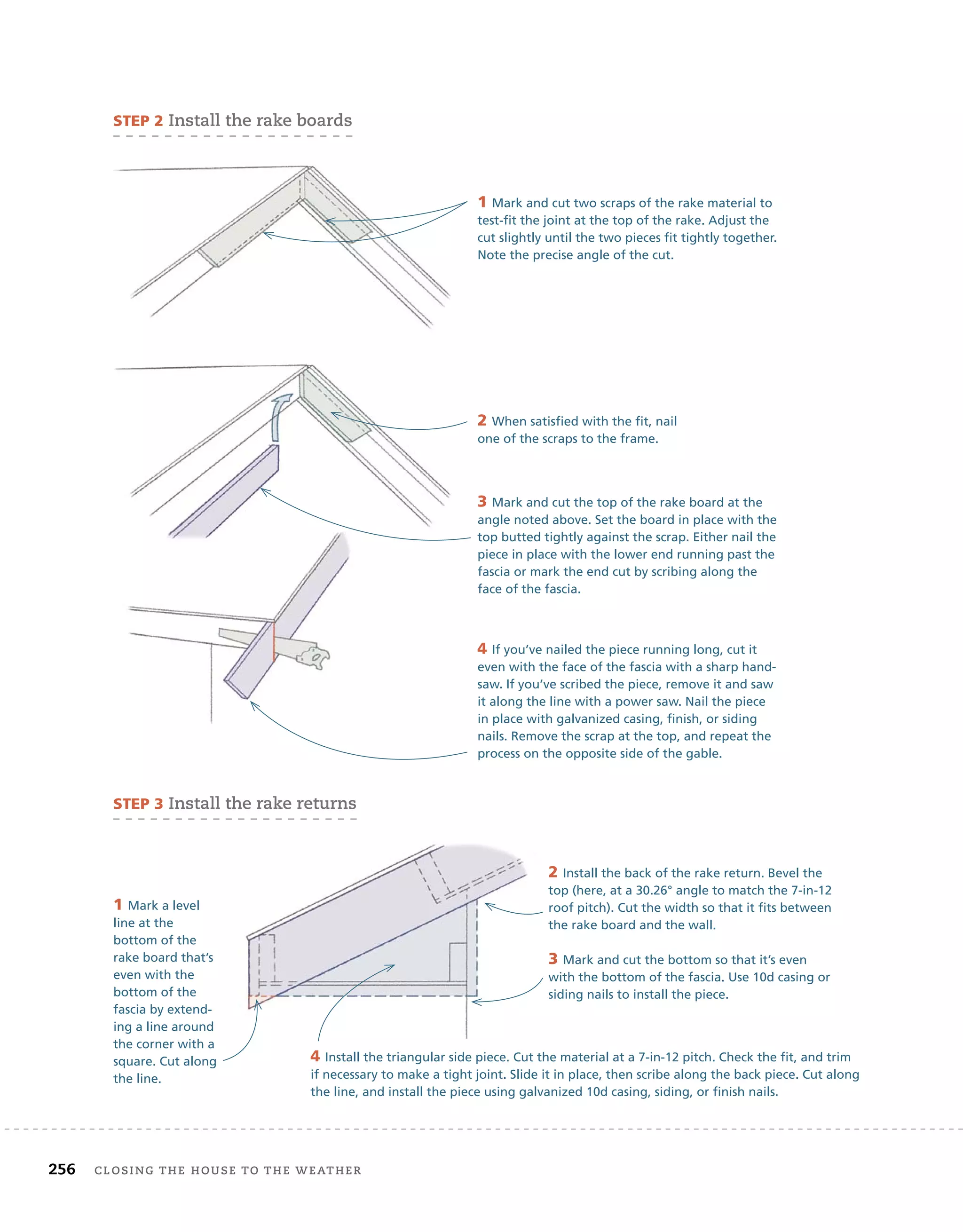 256 closing	the	house	to	the	weather 	
sTep 2	install	the	rake	boards
sTep 3	install	the	rake	returns
3 Mark and cut the top of the rake board at the
angle noted above. Set the board in place with the
top butted tightly against the scrap. Either nail the
piece in place with the lower end running past the
fascia or mark the end cut by scribing along the
face of the fascia.
4 If you’ve nailed the piece running long, cut it
even with the face of the fascia with a sharp hand-
saw. If you’ve scribed the piece, remove it and saw
it along the line with a power saw. Nail the piece
in place with galvanized casing, finish, or siding
nails. Remove the scrap at the top, and repeat the
process on the opposite side of the gable.
3
angle noted above. Set the board in place with the
top butted tightly against the scrap. Either nail the
piece in place with the lower end running past the
fascia or mark the end cut by scribing along the
2 When satisfied with the fit, nail
one of the scraps to the frame.
1 Mark and cut two scraps of the rake material to
test-fit the joint at the top of the rake. Adjust the
cut slightly until the two pieces fit tightly together.
Note the precise angle of the cut.
1 Mark a level
line at the
bottom of the
rake board that’s
even with the
bottom of the
fascia by extend-
ing a line around
the corner with a
square. Cut along
the line.
2 Install the back of the rake return. Bevel the
top (here, at a 30.26° angle to match the 7-in-12
roof pitch). Cut the width so that it fits between
the rake board and the wall.
3 Mark and cut the bottom so that it’s even
with the bottom of the fascia. Use 10d casing or
siding nails to install the piece.
4 Install the triangular side piece. Cut the material at a 7-in-12 pitch. Check the fit, and trim
if necessary to make a tight joint. Slide it in place, then scribe along the back piece. Cut along
the line, and install the piece using galvanized 10d casing, siding, or finish nails.
 