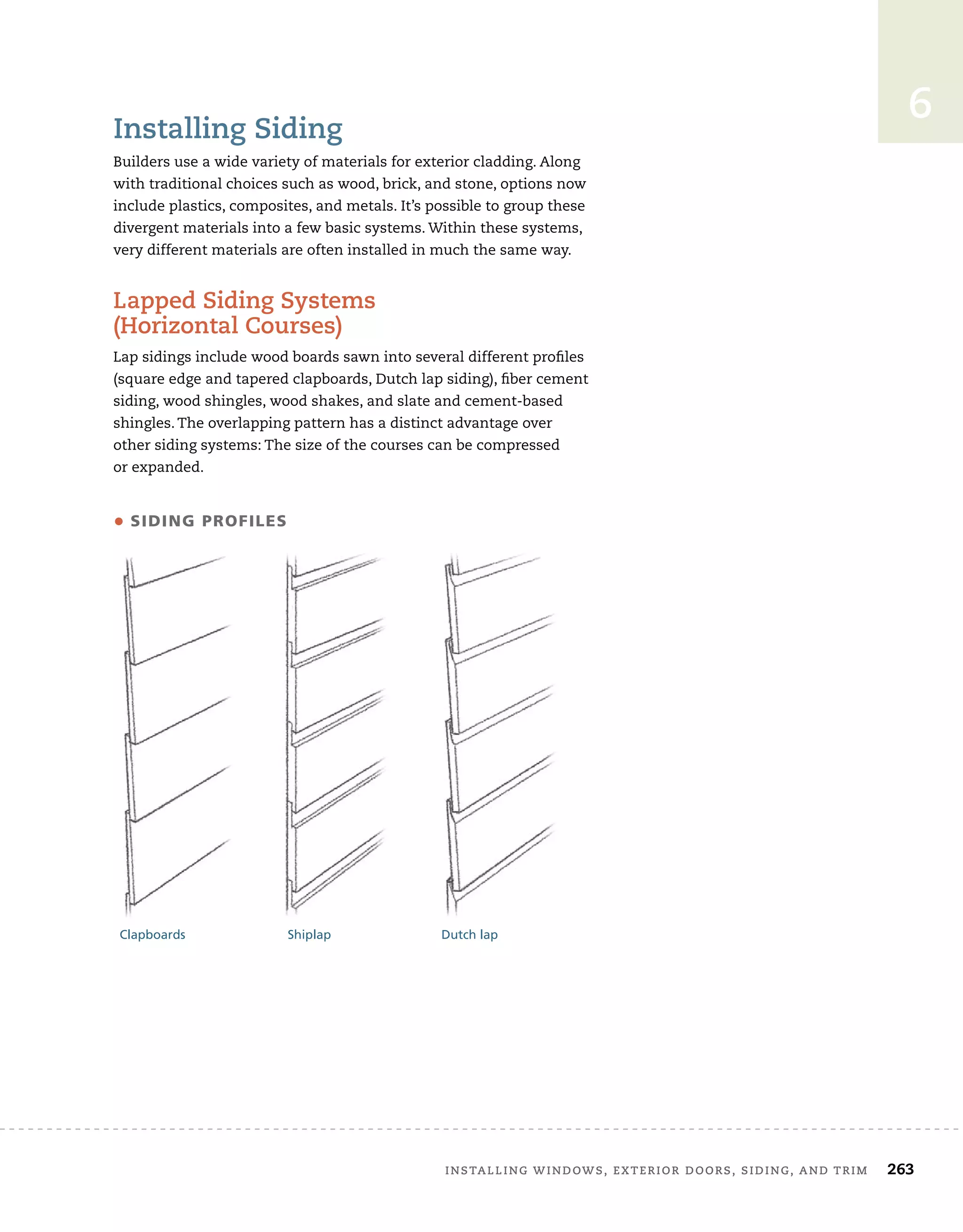 Installing windows, exterior doors, siding, and trim 	 263
6
Installing Siding
Builders use a wide variety of materials for exterior cladding. Along
with traditional choices such as wood, brick, and stone, options now
include plastics, composites, and metals. It’s possible to group these
divergent materials into a few basic systems. Within these systems,
very different materials are often installed in much the same way.
Lapped Siding Systems 	
(Horizontal Courses)
Lap sidings include wood boards sawn into several different profiles
(square edge and tapered clapboards, Dutch lap siding), fiber cement
siding, wood shingles, wood shakes, and slate and cement-based
shingles. The overlapping pattern has a distinct advantage over	
other siding systems: The size of the courses can be compressed	
or expanded.
Clapboards Shiplap Dutch lap
• siding profiles
 