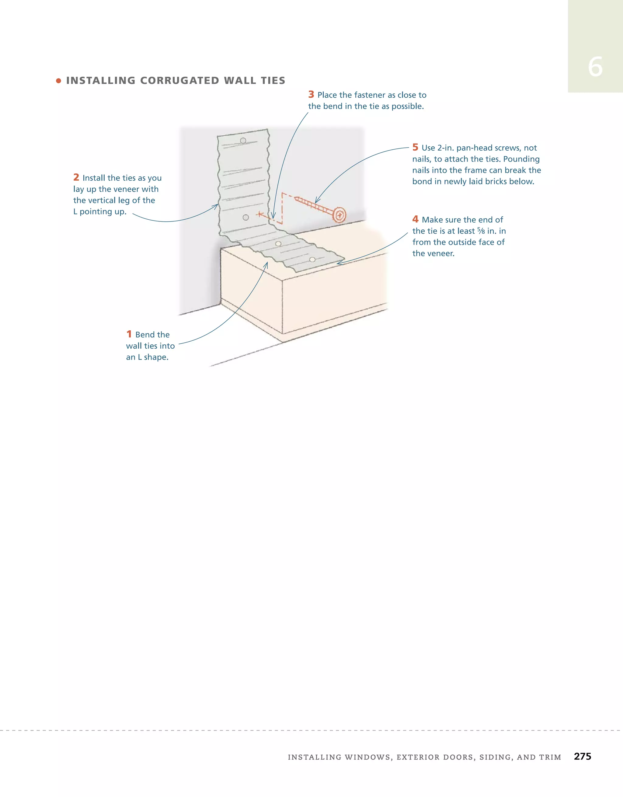 Installing windows, exterior doors, siding, and trim 	 275
6
• Installing corrugated wall ties
2 Install the ties as you
lay up the veneer with
the vertical leg of the
L pointing up.
3 Place the fastener as close to
the bend in the tie as possible.
4 Make sure the end of
the tie is at least 5⁄8 in. in
from the outside face of
the veneer.
5 Use 2-in. pan-head screws, not
nails, to attach the ties. Pounding
nails into the frame can break the
bond in newly laid bricks below.
1 Bend the
wall ties into
an L shape.
 