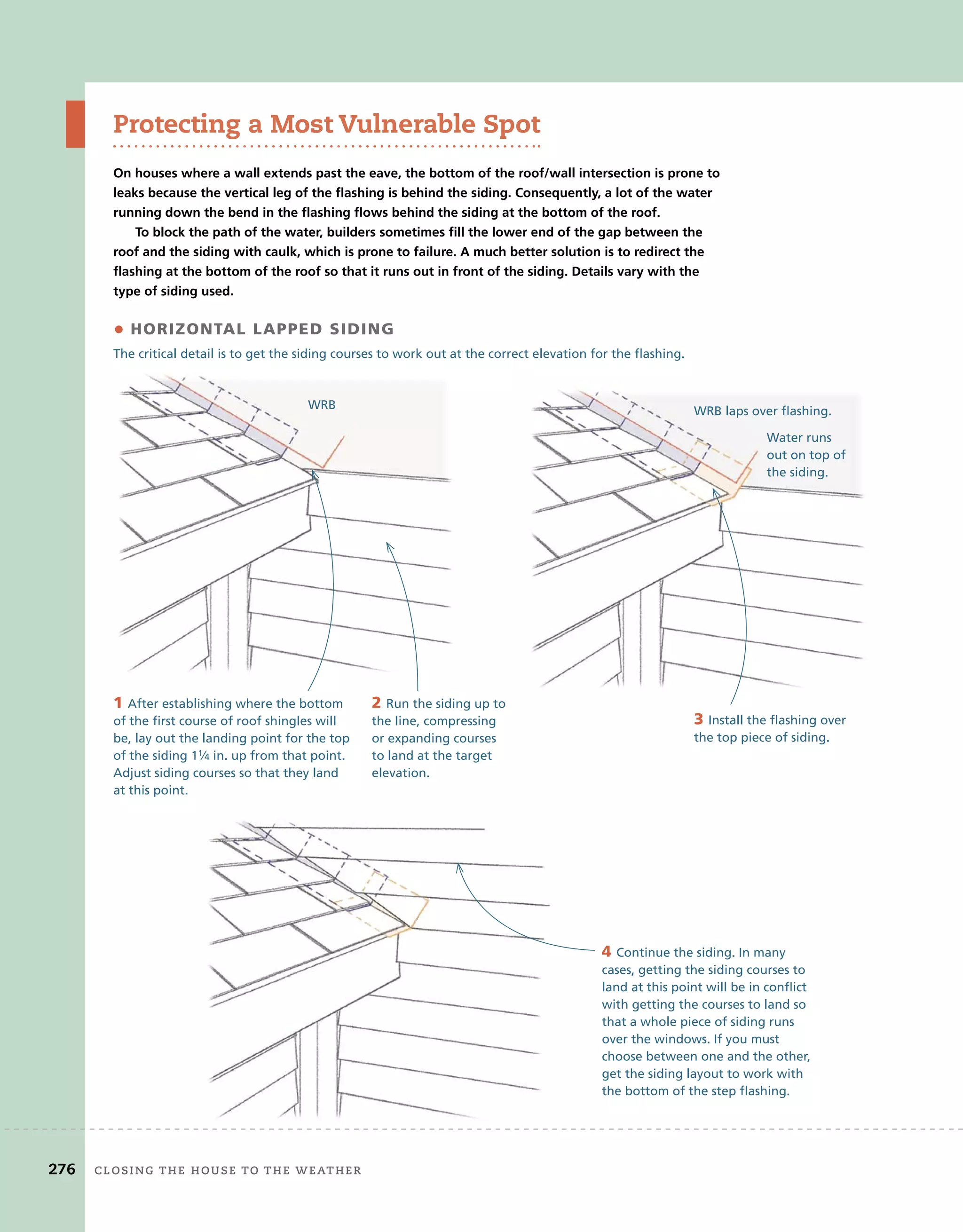 Protecting a Most Vulnerable Spot
On houses where a wall extends past the eave, the bottom of the roof/wall intersection is prone to
leaks because the vertical leg of the flashing is behind the siding. Consequently, a lot of the water
running down the bend in the flashing flows behind the siding at the bottom of the roof.
To block the path of the water, builders sometimes fill the lower end of the gap between the
roof and the siding with caulk, which is prone to failure. A much better solution is to redirect the
flashing at the bottom of the roof so that it runs out in front of the siding. Details vary with the
type of siding used.
• horiZonTal lapped siding
The critical detail is to get the siding courses to work out at the correct elevation for the flashing.
WRB
1 After establishing where the bottom
of the first course of roof shingles will
be, lay out the landing point for the top
of the siding 11⁄4 in. up from that point.
Adjust siding courses so that they land
at this point.
2 Run the siding up to
the line, compressing
or expanding courses
to land at the target
elevation.
3 Install the flashing over
the top piece of siding.
WRB laps over flashing.
Water runs
out on top of
the siding.
4 Continue the siding. In many
cases, getting the siding courses to
land at this point will be in conflict
with getting the courses to land so
that a whole piece of siding runs
over the windows. If you must
choose between one and the other,
get the siding layout to work with
the bottom of the step flashing.
276 closing	the	house	to	the	weather
 
