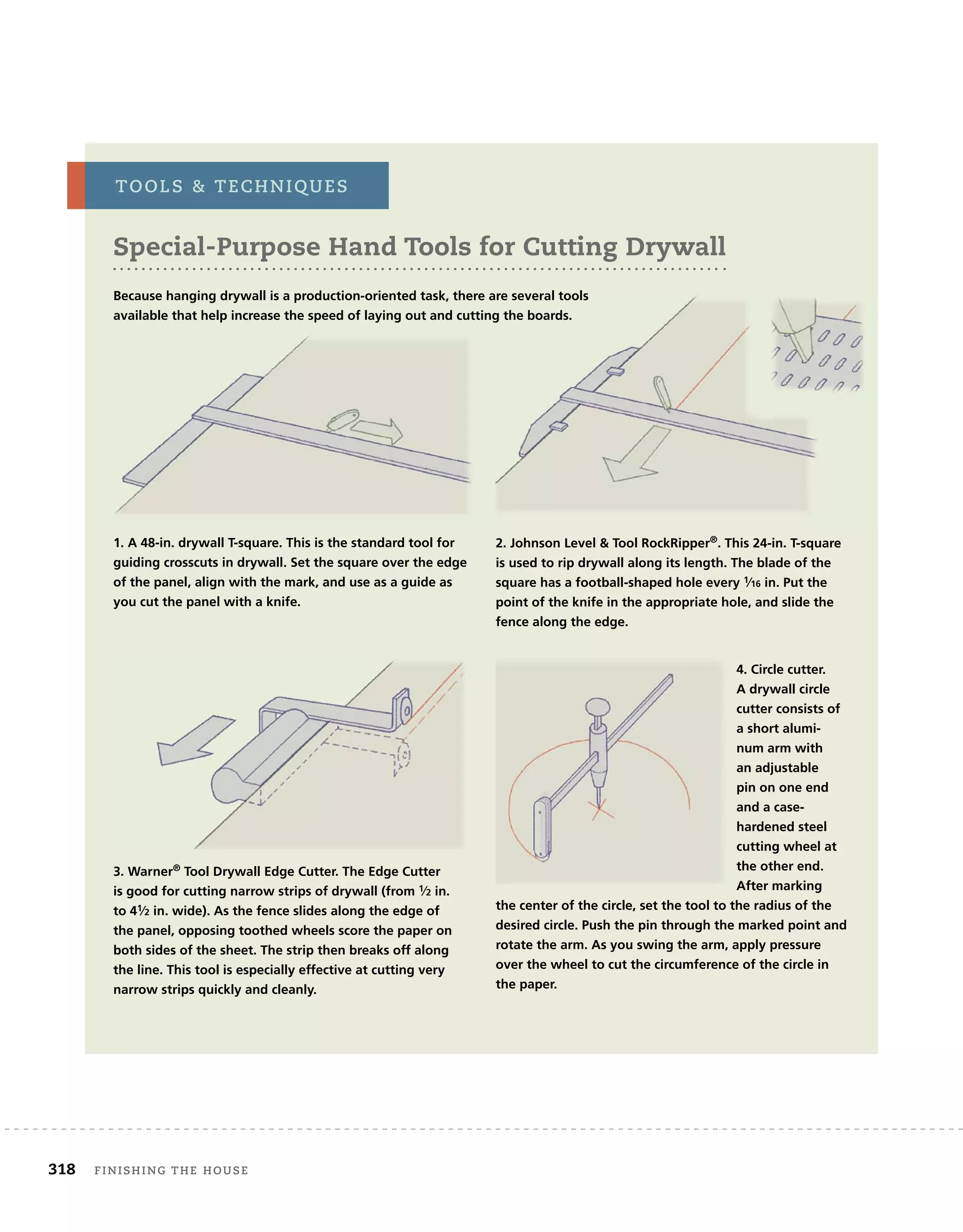 318 Finishing	the	house 	
tools		techniQues
Special-purpose hand tools for Cutting Drywall
Because hanging drywall is a production-oriented task, there are several tools
available that help increase the speed of laying out and cutting the boards.
4. Circle cutter.
A drywall circle
cutter consists of
a short alumi-
num arm with
an adjustable
pin on one end
and a case-
hardened steel
cutting wheel at
the other end.
After marking
the center of the circle, set the tool to the radius of the
desired circle. Push the pin through the marked point and
rotate the arm. As you swing the arm, apply pressure
over the wheel to cut the circumference of the circle in
the paper.
1. A 48-in. drywall T-square. This is the standard tool for
guiding crosscuts in drywall. Set the square over the edge
of the panel, align with the mark, and use as a guide as
you cut the panel with a knife.
2. Johnson Level  Tool RockRipper®
. This 24-in. T-square
is used to rip drywall along its length. The blade of the
square has a football-shaped hole every 1⁄16 in. Put the
point of the knife in the appropriate hole, and slide the
fence along the edge.
3. Warner®
Tool Drywall Edge Cutter. The Edge Cutter
is good for cutting narrow strips of drywall (from 1⁄2 in.
to 41⁄2 in. wide). As the fence slides along the edge of
the panel, opposing toothed wheels score the paper on
both sides of the sheet. The strip then breaks off along
the line. This tool is especially effective at cutting very
narrow strips quickly and cleanly.
 