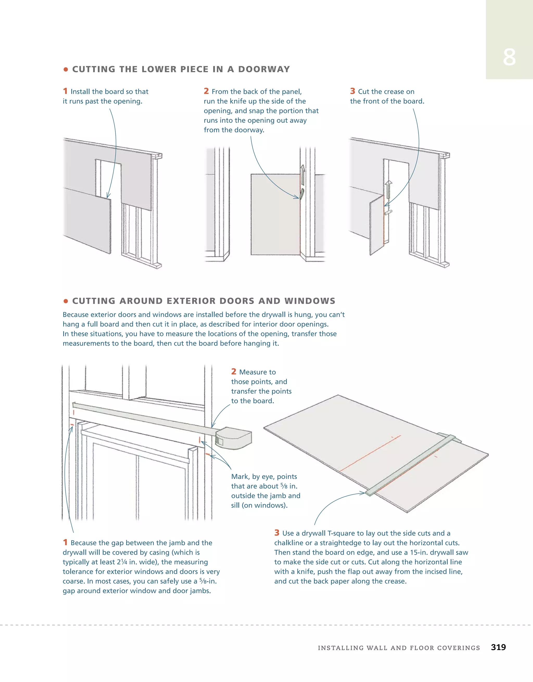installing	wall	and	Floor	coverings 319
8
• CUTTING THE LOWER PIECE IN A DOORWAY
• CUTTING AROUND EXTERIOR DOORS AND WINDOWS
Because exterior doors and windows are installed before the drywall is hung, you can’t
hang a full board and then cut it in place, as described for interior door openings.
In these situations, you have to measure the locations of the opening, transfer those
measurements to the board, then cut the board before hanging it.
3 Cut the crease on
the front of the board.
1 Install the board so that
it runs past the opening.
2 From the back of the panel,
run the knife up the side of the
opening, and snap the portion that
runs into the opening out away
from the doorway.
3 Use a drywall T-square to lay out the side cuts and a
chalkline or a straightedge to lay out the horizontal cuts.
Then stand the board on edge, and use a 15-in. drywall saw
to make the side cut or cuts. Cut along the horizontal line
with a knife, push the flap out away from the incised line,
and cut the back paper along the crease.
1 Because the gap between the jamb and the
drywall will be covered by casing (which is
typically at least 21⁄4 in. wide), the measuring
tolerance for exterior windows and doors is very
coarse. In most cases, you can safely use a 5⁄8-in.
gap around exterior window and door jambs.
Mark, by eye, points
that are about 5⁄8 in.
outside the jamb and
sill (on windows).
2 Measure to
those points, and
transfer the points
to the board.
 