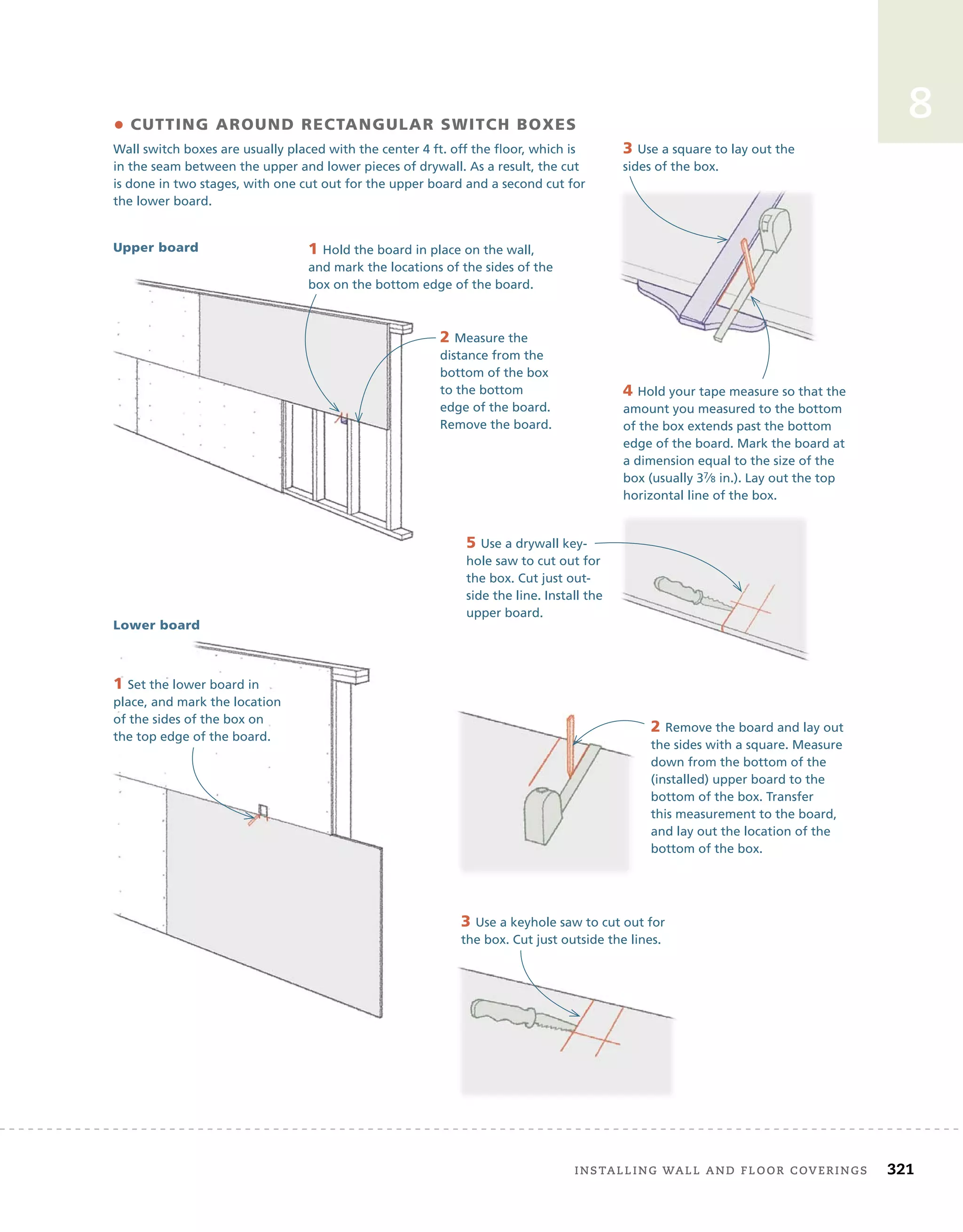 installing	wall	and	Floor	coverings 321
8
• CUTTING AROUND RECTANGULAR SWITCH BOXES
Wall switch boxes are usually placed with the center 4 ft. off the floor, which is
in the seam between the upper and lower pieces of drywall. As a result, the cut
is done in two stages, with one cut out for the upper board and a second cut for
the lower board.
Upper board
Lower board
1 Hold the board in place on the wall,
and mark the locations of the sides of the
box on the bottom edge of the board.
2 Measure the
distance from the
bottom of the box
to the bottom
edge of the board.
Remove the board.
3 Use a square to lay out the
sides of the box.
4 Hold your tape measure so that the
amount you measured to the bottom
of the box extends past the bottom
edge of the board. Mark the board at
a dimension equal to the size of the
box (usually 37⁄8 in.). Lay out the top
horizontal line of the box.
5 Use a drywall key-
hole saw to cut out for
the box. Cut just out-
side the line. Install the
upper board.
1 Set the lower board in
place, and mark the location
of the sides of the box on
the top edge of the board.
2 Remove the board and lay out
the sides with a square. Measure
down from the bottom of the
(installed) upper board to the
bottom of the box. Transfer
this measurement to the board,
and lay out the location of the
bottom of the box.
3 Use a keyhole saw to cut out for
the box. Cut just outside the lines.
 