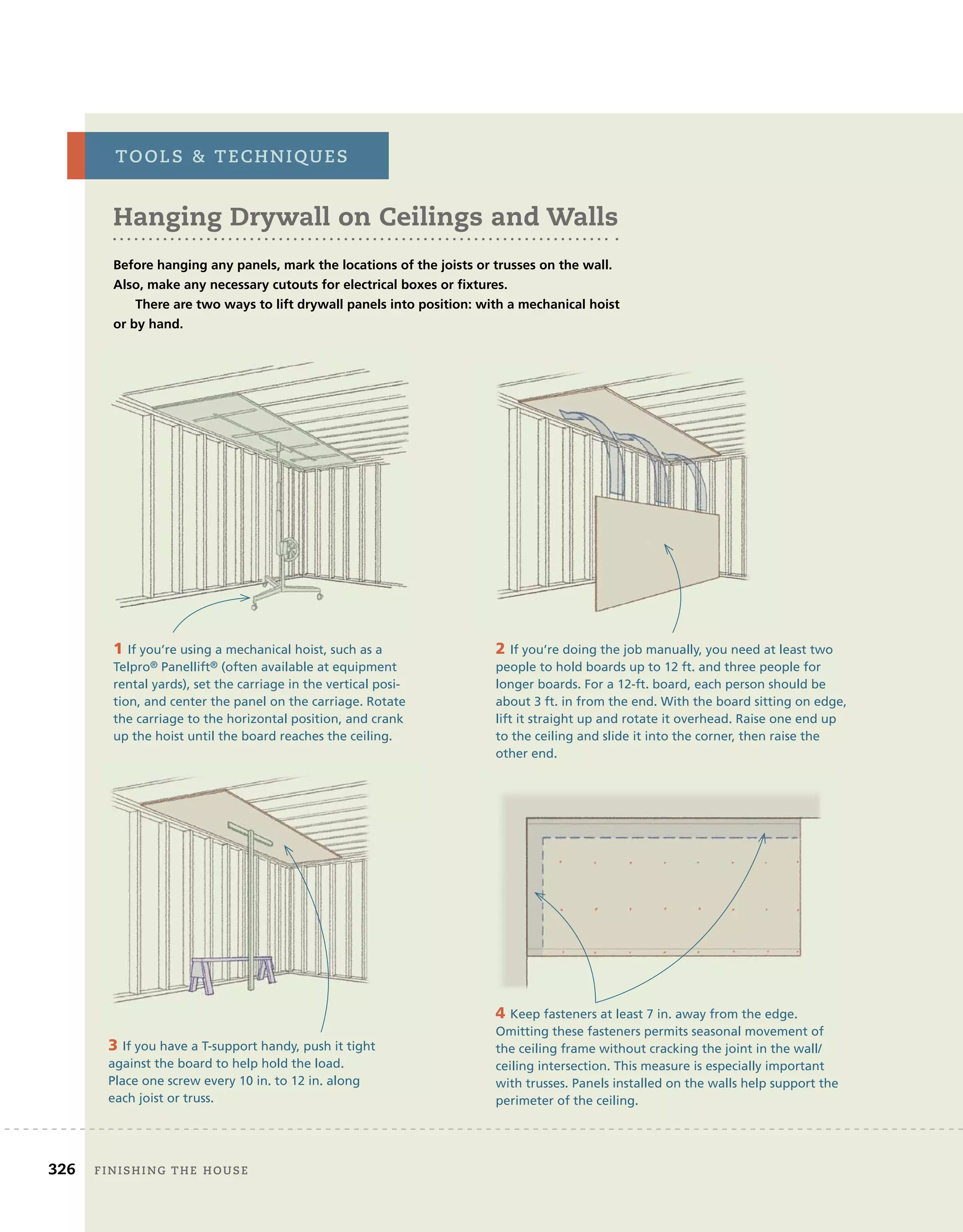 hanging Drywall on Ceilings and Walls
tools		techniQues
1 If you’re using a mechanical hoist, such as a
Telpro® Panellift® (often available at equipment
rental yards), set the carriage in the vertical posi-
tion, and center the panel on the carriage. Rotate
the carriage to the horizontal position, and crank
up the hoist until the board reaches the ceiling.
2 If you’re doing the job manually, you need at least two
people to hold boards up to 12 ft. and three people for
longer boards. For a 12-ft. board, each person should be
about 3 ft. in from the end. With the board sitting on edge,
lift it straight up and rotate it overhead. Raise one end up
to the ceiling and slide it into the corner, then raise the
other end.
3 If you have a T-support handy, push it tight
against the board to help hold the load.
Place one screw every 10 in. to 12 in. along
each joist or truss.
4 Keep fasteners at least 7 in. away from the edge.
Omitting these fasteners permits seasonal movement of
the ceiling frame without cracking the joint in the wall/
ceiling intersection. This measure is especially important
with trusses. Panels installed on the walls help support the
perimeter of the ceiling.
Before hanging any panels, mark the locations of the joists or trusses on the wall.
Also, make any necessary cutouts for electrical boxes or fixtures.
There are two ways to lift drywall panels into position: with a mechanical hoist
or by hand.
326 Finishing	the	house
 