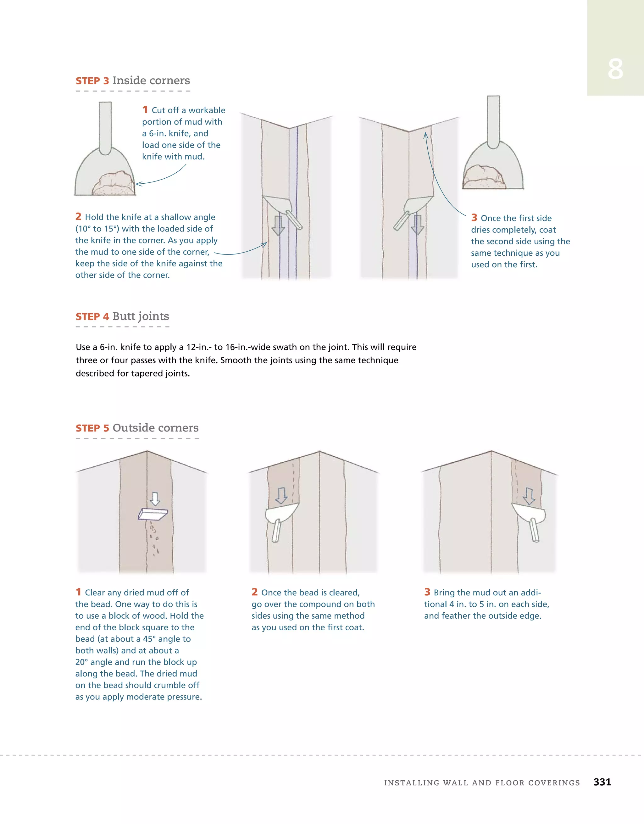 installing	wall	and	Floor	coverings 331
8
3 Once the first side
dries completely, coat
the second side using the
same technique as you
used on the first.
STEP 3	inside	corners
1 Cut off a workable
portion of mud with
a 6-in. knife, and
load one side of the
knife with mud.
2 Hold the knife at a shallow angle
(10° to 15°) with the loaded side of
the knife in the corner. As you apply
the mud to one side of the corner,
keep the side of the knife against the
other side of the corner.
STEP 4	Butt	joints
Use a 6-in. knife to apply a 12-in.- to 16-in.-wide swath on the joint. This will require
three or four passes with the knife. Smooth the joints using the same technique
described for tapered joints.
STEP 5	outside	corners
3 Bring the mud out an addi-
tional 4 in. to 5 in. on each side,
and feather the outside edge.
1 Clear any dried mud off of
the bead. One way to do this is
to use a block of wood. Hold the
end of the block square to the
bead (at about a 45° angle to
both walls) and at about a
20° angle and run the block up
along the bead. The dried mud
on the bead should crumble off
as you apply moderate pressure.
2 Once the bead is cleared,
go over the compound on both
sides using the same method
as you used on the first coat.
 