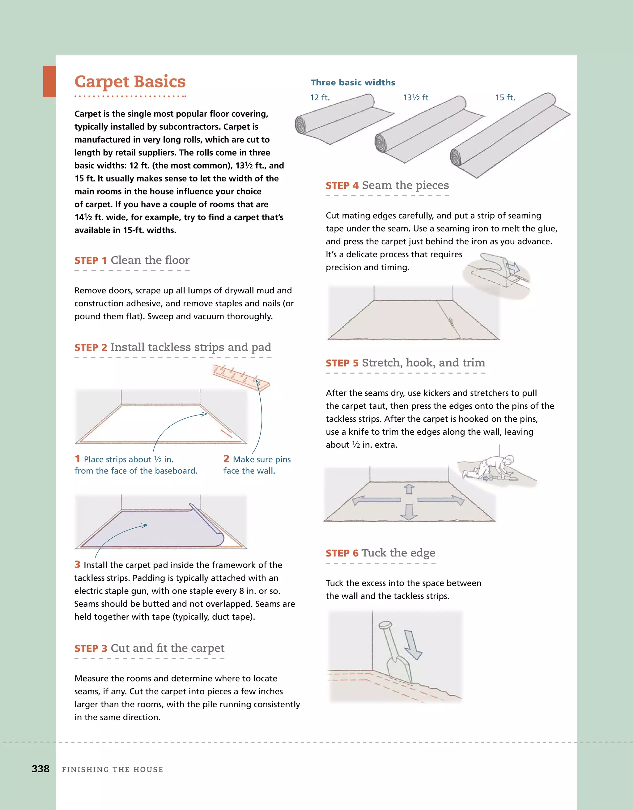 Carpet Basics
Carpet is the single most popular floor covering,
typically installed by subcontractors. Carpet is
manufactured in very long rolls, which are cut to
length by retail suppliers. The rolls come in three
basic widths: 12 ft. (the most common), 131⁄2 ft., and
15 ft. It usually makes sense to let the width of the
main rooms in the house influence your choice
of carpet. If you have a couple of rooms that are
141⁄2 ft. wide, for example, try to find a carpet that’s
available in 15-ft. widths.
STEP 1	clean	the	ﬂ
	oor
Remove doors, scrape up all lumps of drywall mud and
construction adhesive, and remove staples and nails (or
pound them flat). Sweep and vacuum thoroughly.
STEP 2	install	tackless	strips	and	pad
1 Place strips about 1⁄2 in.
from the face of the baseboard.
2 Make sure pins
face the wall.
STEP 4	seam	the	pieces
Cut mating edges carefully, and put a strip of seaming
tape under the seam. Use a seaming iron to melt the glue,
and press the carpet just behind the iron as you advance.
It’s a delicate process that requires
precision and timing.
It’s a delicate process that requires
precision and timing.
STEP 3	cut	and	ﬁ
	t	the	carpet
Measure the rooms and determine where to locate
seams, if any. Cut the carpet into pieces a few inches
larger than the rooms, with the pile running consistently
in the same direction.
Three basic widths
12 ft. 131⁄2 ft 15 ft.
STEP 5	stretch,	hook,	and	trim
After the seams dry, use kickers and stretchers to pull
the carpet taut, then press the edges onto the pins of the
tackless strips. After the carpet is hooked on the pins,
use a knife to trim the edges along the wall, leaving
about 1⁄2 in. extra.
STEP 6	tuck	the	edge
Tuck the excess into the space between
the wall and the tackless strips.
3 Install the carpet pad inside the framework of the
tackless strips. Padding is typically attached with an
electric staple gun, with one staple every 8 in. or so.
Seams should be butted and not overlapped. Seams are
held together with tape (typically, duct tape).
338 Finishing	the	house
 
