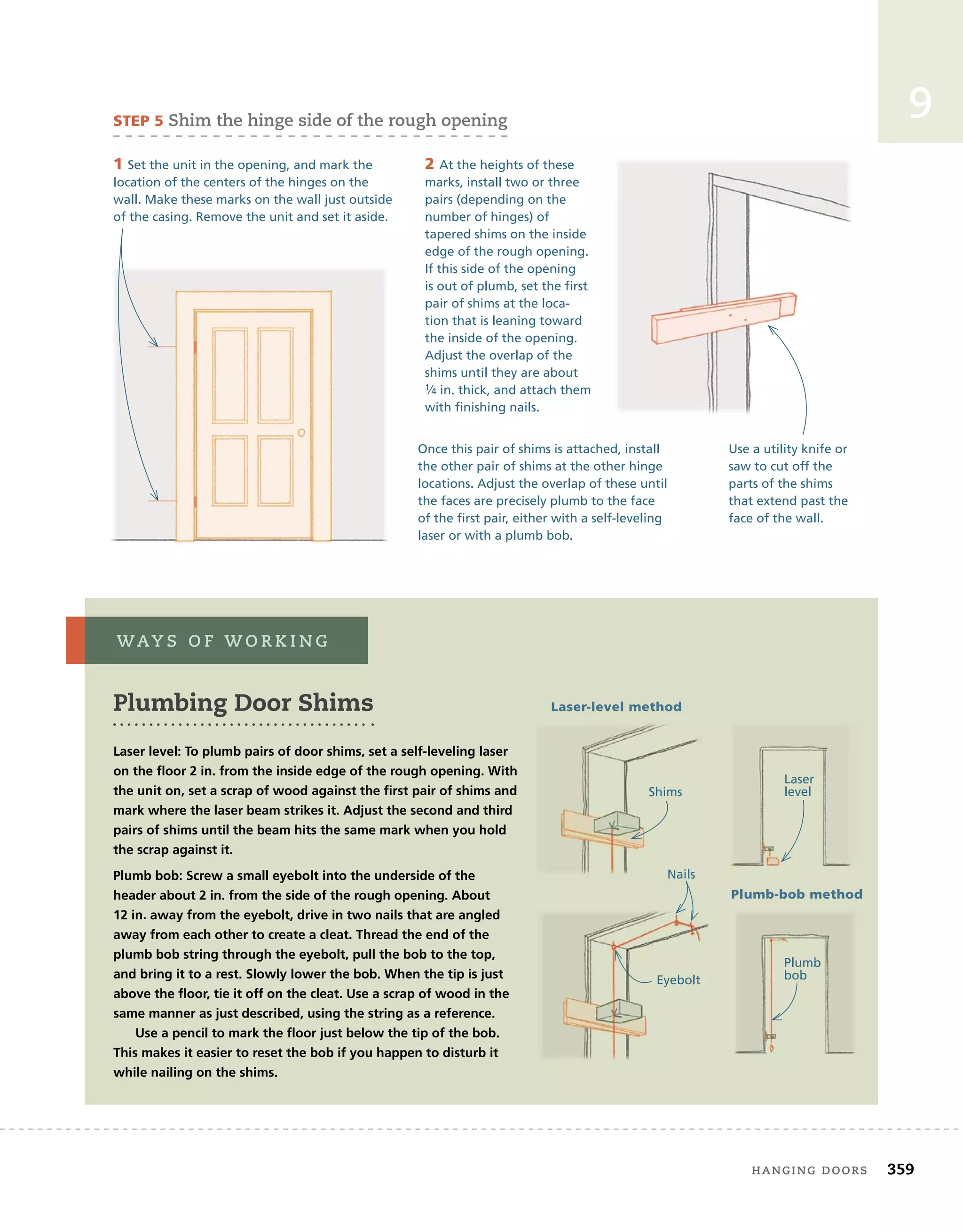 hanging	doors 359
9
sTeP 5	shim	the	hinge	side	of	the	rough	opening
1 Set the unit in the opening, and mark the
location of the centers of the hinges on the
wall. Make these marks on the wall just outside
of the casing. Remove the unit and set it aside.
2 At the heights of these
marks, install two or three
pairs (depending on the
number of hinges) of
tapered shims on the inside
edge of the rough opening.
If this side of the opening
is out of plumb, set the first
pair of shims at the loca-
tion that is leaning toward
the inside of the opening.
Adjust the overlap of the
shims until they are about
1⁄4 in. thick, and attach them
with finishing nails.
Once this pair of shims is attached, install
the other pair of shims at the other hinge
locations. Adjust the overlap of these until
the faces are precisely plumb to the face
of the first pair, either with a self-leveling
laser or with a plumb bob.
Use a utility knife or
saw to cut off the
parts of the shims
that extend past the
face of the wall.
Plumbing Door Shims
Laser level: To plumb pairs of door shims, set a self-leveling laser
on the ﬂoor 2 in. from the inside edge of the rough opening. With
the unit on, set a scrap of wood against the ﬁrst pair of shims and
mark where the laser beam strikes it. Adjust the second and third
pairs of shims until the beam hits the same mark when you hold
the scrap against it.
Plumb bob: Screw a small eyebolt into the underside of the
header about 2 in. from the side of the rough opening. About
12 in. away from the eyebolt, drive in two nails that are angled
away from each other to create a cleat. Thread the end of the
plumb bob string through the eyebolt, pull the bob to the top,
and bring it to a rest. Slowly lower the bob. When the tip is just
above the ﬂoor, tie it off on the cleat. Use a scrap of wood in the
same manner as just described, using the string as a reference.
Use a pencil to mark the ﬂoor just below the tip of the bob.
This makes it easier to reset the bob if you happen to disturb it
while nailing on the shims.
WaY s 	 o f 	W o r K i n g
Laser-level method
Shims
Plumb-bob method
Nails
Eyebolt
Plumb
bob
Laser
level
 