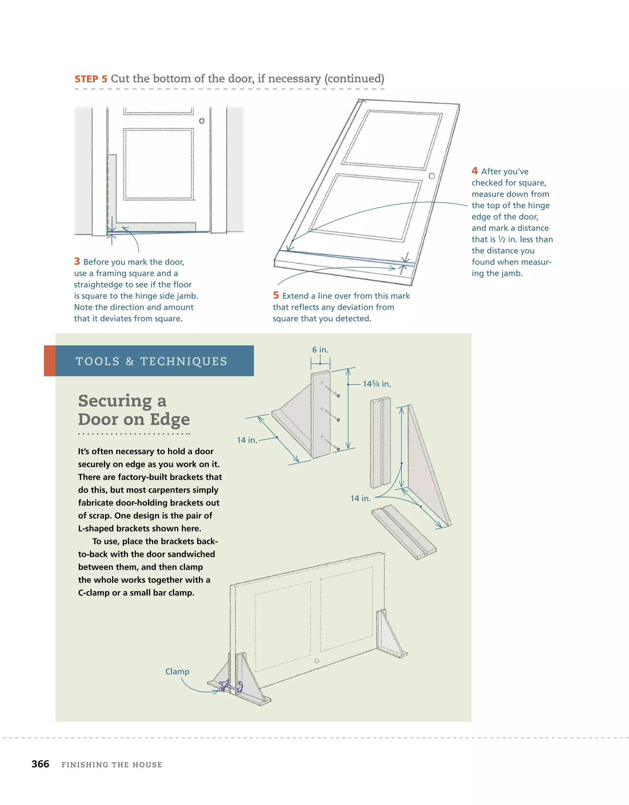 366 finishing	the	house 	
5 Extend a line over from this mark
that reflects any deviation from
square that you detected.
5 Extend a line over from this mark
3 Before you mark the door,
use a framing square and a
straightedge to see if the floor
is square to the hinge side jamb.
Note the direction and amount
that it deviates from square.
4 After you’ve
checked for square,
measure down from
the top of the hinge
edge of the door,
and mark a distance
that is 1⁄2 in. less than
the distance you
found when measur-
ing the jamb.
tooLs		teChniQues
sTeP 5	Cut	the	bottom	of	the	door,	if	necessary	(continued)
Securing a
Door on Edge
It’s often necessary to hold a door
securely on edge as you work on it.
There are factory-built brackets that
do this, but most carpenters simply
fabricate door-holding brackets out
of scrap. One design is the pair of
L-shaped brackets shown here.
To use, place the brackets back-
to-back with the door sandwiched
between them, and then clamp
the whole works together with a
C-clamp or a small bar clamp.
to-back with the door sandwiched
between them, and then clamp
the whole works together with a
C-clamp or a small bar clamp.
Clamp
6 in.
14 in.
14 in.
14 in.
143⁄4 in.
 