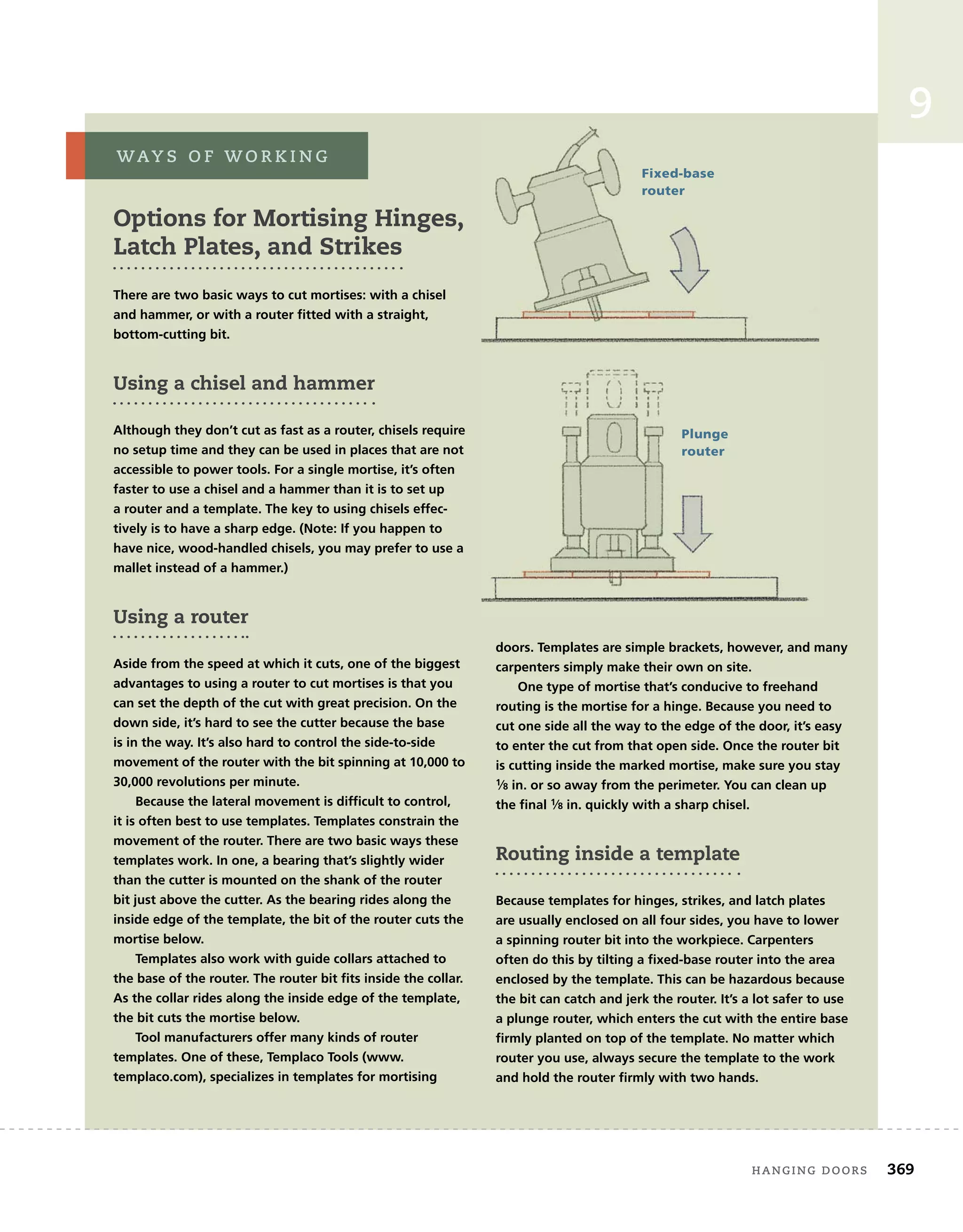 hanging	doors 369
9
Options for Mortising Hinges,
Latch Plates, and Strikes
There are two basic ways to cut mortises: with a chisel
and hammer, or with a router ﬁtted with a straight,
bottom-cutting bit.
Using a chisel and hammer
Although they don’t cut as fast as a router, chisels require
no setup time and they can be used in places that are not
accessible to power tools. For a single mortise, it’s often
faster to use a chisel and a hammer than it is to set up
a router and a template. The key to using chisels effec-
tively is to have a sharp edge. (Note: If you happen to
have nice, wood-handled chisels, you may prefer to use a
mallet instead of a hammer.)
Using a router
Aside from the speed at which it cuts, one of the biggest
advantages to using a router to cut mortises is that you
can set the depth of the cut with great precision. On the
down side, it’s hard to see the cutter because the base
is in the way. It’s also hard to control the side-to-side
movement of the router with the bit spinning at 10,000 to
30,000 revolutions per minute.
Because the lateral movement is difﬁcult to control,
it is often best to use templates. Templates constrain the
movement of the router. There are two basic ways these
templates work. In one, a bearing that’s slightly wider
than the cutter is mounted on the shank of the router
bit just above the cutter. As the bearing rides along the
inside edge of the template, the bit of the router cuts the
mortise below.
Templates also work with guide collars attached to
the base of the router. The router bit ﬁts inside the collar.
As the collar rides along the inside edge of the template,
the bit cuts the mortise below.
Tool manufacturers offer many kinds of router
templates. One of these, Templaco Tools (www.
templaco.com), specializes in templates for mortising
doors. Templates are simple brackets, however, and many
carpenters simply make their own on site.
One type of mortise that’s conducive to freehand
routing is the mortise for a hinge. Because you need to
cut one side all the way to the edge of the door, it’s easy
to enter the cut from that open side. Once the router bit
is cutting inside the marked mortise, make sure you stay
1⁄8 in. or so away from the perimeter. You can clean up
the ﬁnal 1⁄8 in. quickly with a sharp chisel.
Routing inside a template
Because templates for hinges, strikes, and latch plates
are usually enclosed on all four sides, you have to lower
a spinning router bit into the workpiece. Carpenters
often do this by tilting a ﬁxed-base router into the area
enclosed by the template. This can be hazardous because
the bit can catch and jerk the router. It’s a lot safer to use
a plunge router, which enters the cut with the entire base
ﬁrmly planted on top of the template. No matter which
router you use, always secure the template to the work
and hold the router ﬁrmly with two hands.
WaY s 	 o f 	W o r K i n g
Plunge
router
Fixed-base
router
 