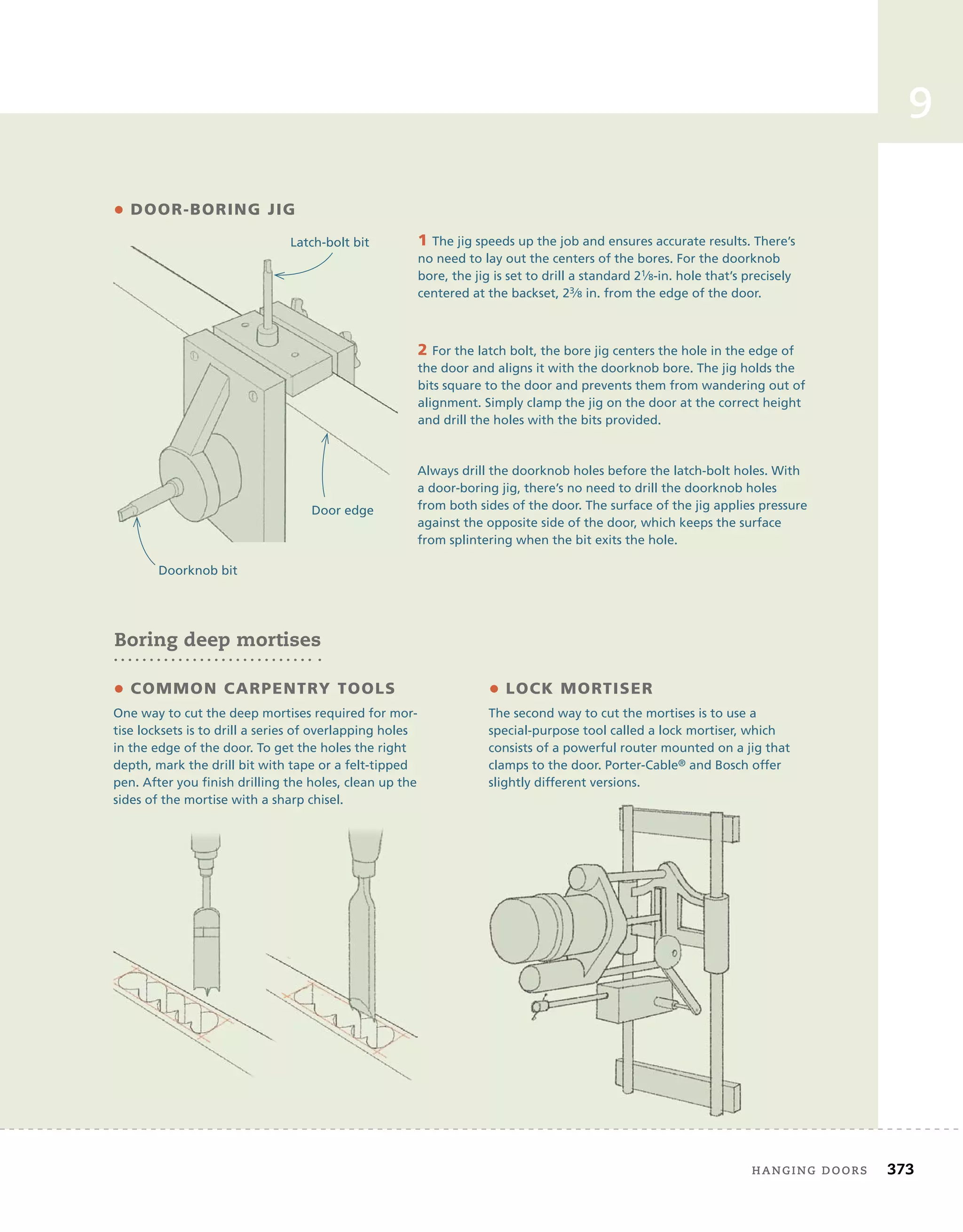 hanging	doors 373
9
• Door-Boring Jig
• coMMon carPenTrY TooLs
One way to cut the deep mortises required for mor-
tise locksets is to drill a series of overlapping holes
in the edge of the door. To get the holes the right
depth, mark the drill bit with tape or a felt-tipped
pen. After you finish drilling the holes, clean up the
sides of the mortise with a sharp chisel.
• LocK MorTiser
The second way to cut the mortises is to use a
special-purpose tool called a lock mortiser, which
consists of a powerful router mounted on a jig that
clamps to the door. Porter-Cable® and Bosch offer
slightly different versions.
1 The jig speeds up the job and ensures accurate results. There’s
no need to lay out the centers of the bores. For the doorknob
bore, the jig is set to drill a standard 21⁄8-in. hole that’s precisely
centered at the backset, 23⁄8 in. from the edge of the door.
2 For the latch bolt, the bore jig centers the hole in the edge of
the door and aligns it with the doorknob bore. The jig holds the
bits square to the door and prevents them from wandering out of
alignment. Simply clamp the jig on the door at the correct height
and drill the holes with the bits provided.
Door edge
Latch-bolt bit
Doorknob bit
Always drill the doorknob holes before the latch-bolt holes. With
a door-boring jig, there’s no need to drill the doorknob holes
from both sides of the door. The surface of the jig applies pressure
against the opposite side of the door, which keeps the surface
from splintering when the bit exits the hole.
Boring deep mortises
 