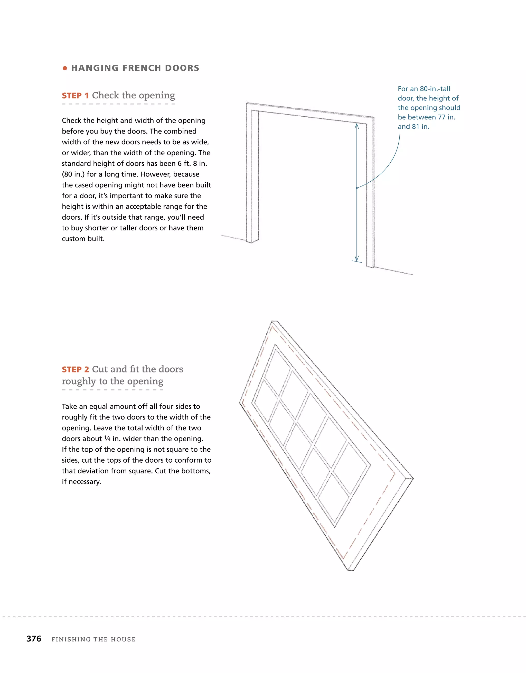 376	 finishing the house 	
• Hanging French Doors
STEP 1 Check the opening
Check the height and width of the opening
before you buy the doors. The combined
width of the new doors needs to be as wide,
or wider, than the width of the opening. The
standard height of doors has been 6 ft. 8 in.
(80 in.) for a long time. However, because
the cased opening might not have been built
for a door, it’s important to make sure the
height is within an acceptable range for the
doors. If it’s outside that range, you’ll need
to buy shorter or taller doors or have them
custom built.
STEP 2 Cut and fit the doors
roughly to the opening
Take an equal amount off all four sides to
roughly fit the two doors to the width of the
opening. Leave the total width of the two
doors about 1⁄4 in. wider than the opening.
If the top of the opening is not square to the
sides, cut the tops of the doors to conform to
that deviation from square. Cut the bottoms,
if necessary.
For an 80-in.-tall
door, the height of
the opening should
be between 77 in.
and 81 in.
 