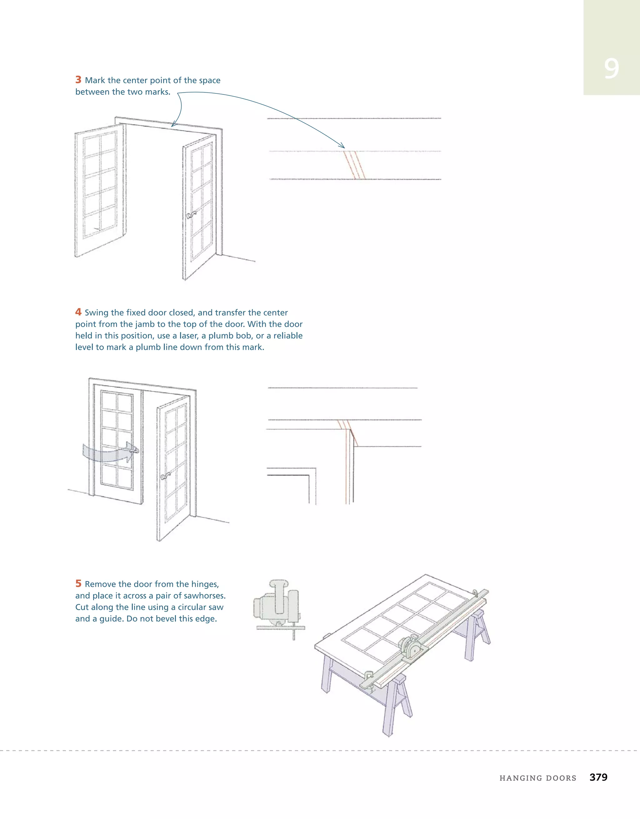 hanging doors	 379
9
3 Mark the center point of the space
between the two marks.
4 Swing the fixed door closed, and transfer the center
point from the jamb to the top of the door. With the door
held in this position, use a laser, a plumb bob, or a reliable
level to mark a plumb line down from this mark.
5 Remove the door from the hinges,
and place it across a pair of sawhorses.
Cut along the line using a circular saw
and a guide. Do not bevel this edge.
 