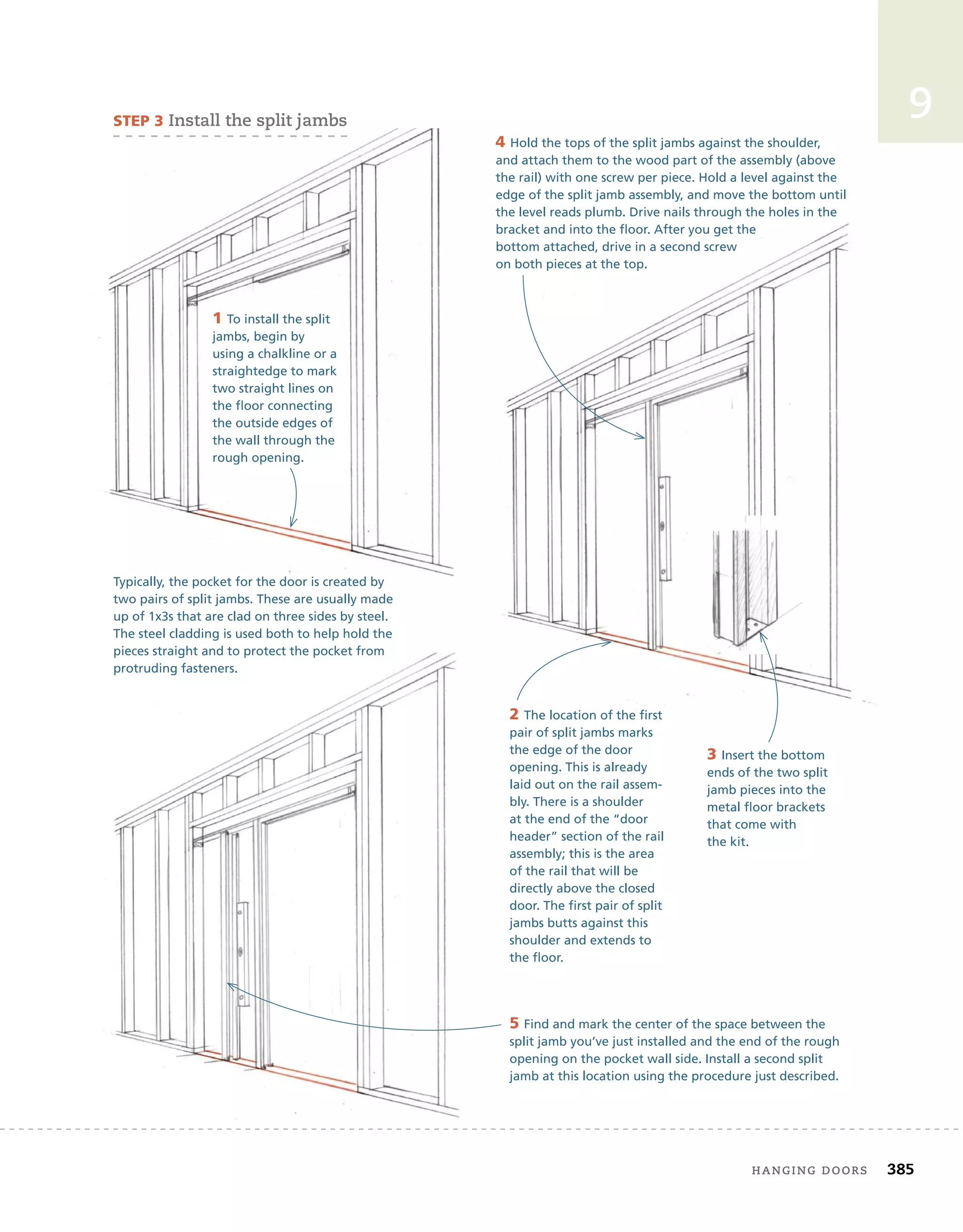 hanging doors	 385
9
5 Find and mark the center of the space between the
split jamb you’ve just installed and the end of the rough
opening on the pocket wall side. Install a second split
jamb at this location using the procedure just described.
Typically, the pocket for the door is created by
two pairs of split jambs. These are usually made
up of 1x3s that are clad on three sides by steel.
The steel cladding is used both to help hold the
pieces straight and to protect the pocket from
protruding fasteners.
STEP 3 Install the split jambs
1 To install the split
jambs, begin by
using a chalkline or a
straightedge to mark
two straight lines on
the floor connecting
the outside edges of
the wall through the
rough opening.
2 The location of the first
pair of split jambs marks
the edge of the door
opening. This is already
laid out on the rail assem-
bly. There is a shoulder
at the end of the “door
header” section of the rail
assembly; this is the area
of the rail that will be
directly above the closed
door. The first pair of split
jambs butts against this
shoulder and extends to
the floor.
3 Insert the bottom
ends of the two split
jamb pieces into the
metal floor brackets
that come with
the kit.
4 Hold the tops of the split jambs against the shoulder,
and attach them to the wood part of the assembly (above
the rail) with one screw per piece. Hold a level against the
edge of the split jamb assembly, and move the bottom until
the level reads plumb. Drive nails through the holes in the
bracket and into the floor. After you get the
bottom attached, drive in a second screw
on both pieces at the top.
 