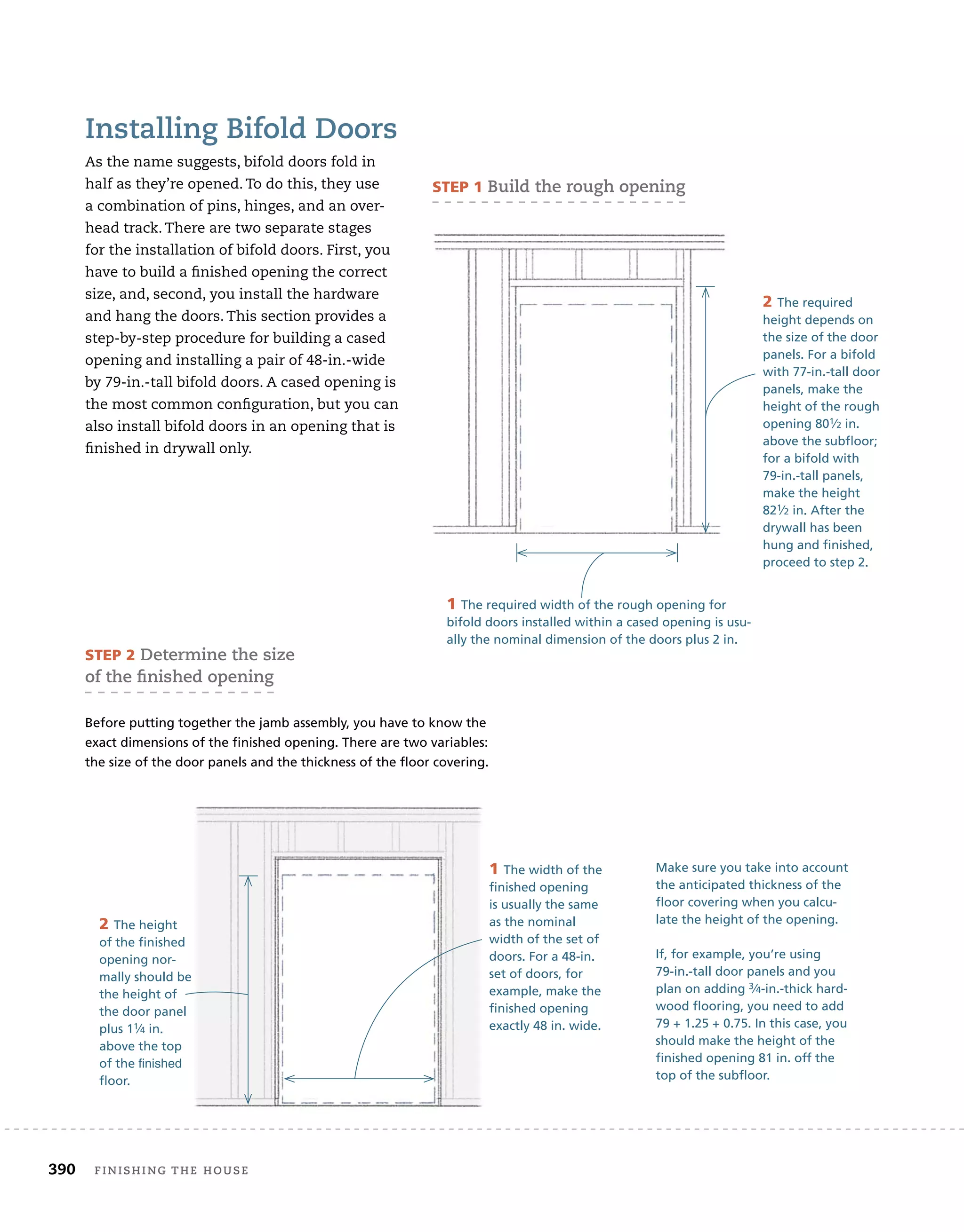 390 finishing	the	house 	
2 The required
height depends on
the size of the door
panels. For a bifold
with 77-in.-tall door
panels, make the
height of the rough
opening 801⁄2 in.
above the subfloor;
for a bifold with
79-in.-tall panels,
make the height
821⁄2 in. After the
drywall has been
hung and finished,
proceed to step 2.
sTeP 1	Build	the	rough	opening
sTeP 2	determine	the	size	
of	the	fi
	nished	opening
Before putting together the jamb assembly, you have to know the
exact dimensions of the finished opening. There are two variables:
the size of the door panels and the thickness of the floor covering.
1 The required width of the rough opening for
bifold doors installed within a cased opening is usu-
ally the nominal dimension of the doors plus 2 in.
1 The width of the
finished opening
is usually the same
as the nominal
width of the set of
doors. For a 48-in.
set of doors, for
example, make the
finished opening
exactly 48 in. wide.
2 The height
of the finished
opening nor-
mally should be
the height of
the door panel
plus 11⁄4 in.
above the top
of the finished
floor.
Make sure you take into account
the anticipated thickness of the
floor covering when you calcu-
late the height of the opening.
If, for example, you’re using
79-in.-tall door panels and you
plan on adding 3⁄4-in.-thick hard-
wood flooring, you need to add
79 + 1.25 + 0.75. In this case, you
should make the height of the
finished opening 81 in. off the
top of the subfloor.
installing	Bifold	doors
As	the	name	suggests,	bifold	doors	fold	in	
half	as	they’re	opened.	To	do	this,	they	use	
a	combination	of	pins,	hinges,	and	an	over-
head	track.	There	are	two	separate	stages	
for	the	installation	of	bifold	doors.	First,	you	
have	to	build	a	fi
	nished	opening	the	correct	
size,	and,	second,	you	install	the	hardware	
and	hang	the	doors.	This	section	provides	a	
step-by-step	procedure	for	building	a	cased	
opening	and	installing	a	pair	of	48-in.-wide	
by	79-in.-tall	bifold	doors.	A	cased	opening	is	
the	most	common	confi
	guration,	but	you	can	
also	install	bifold	doors	in	an	opening	that	is	
fi
	nished	in	drywall	only.
 