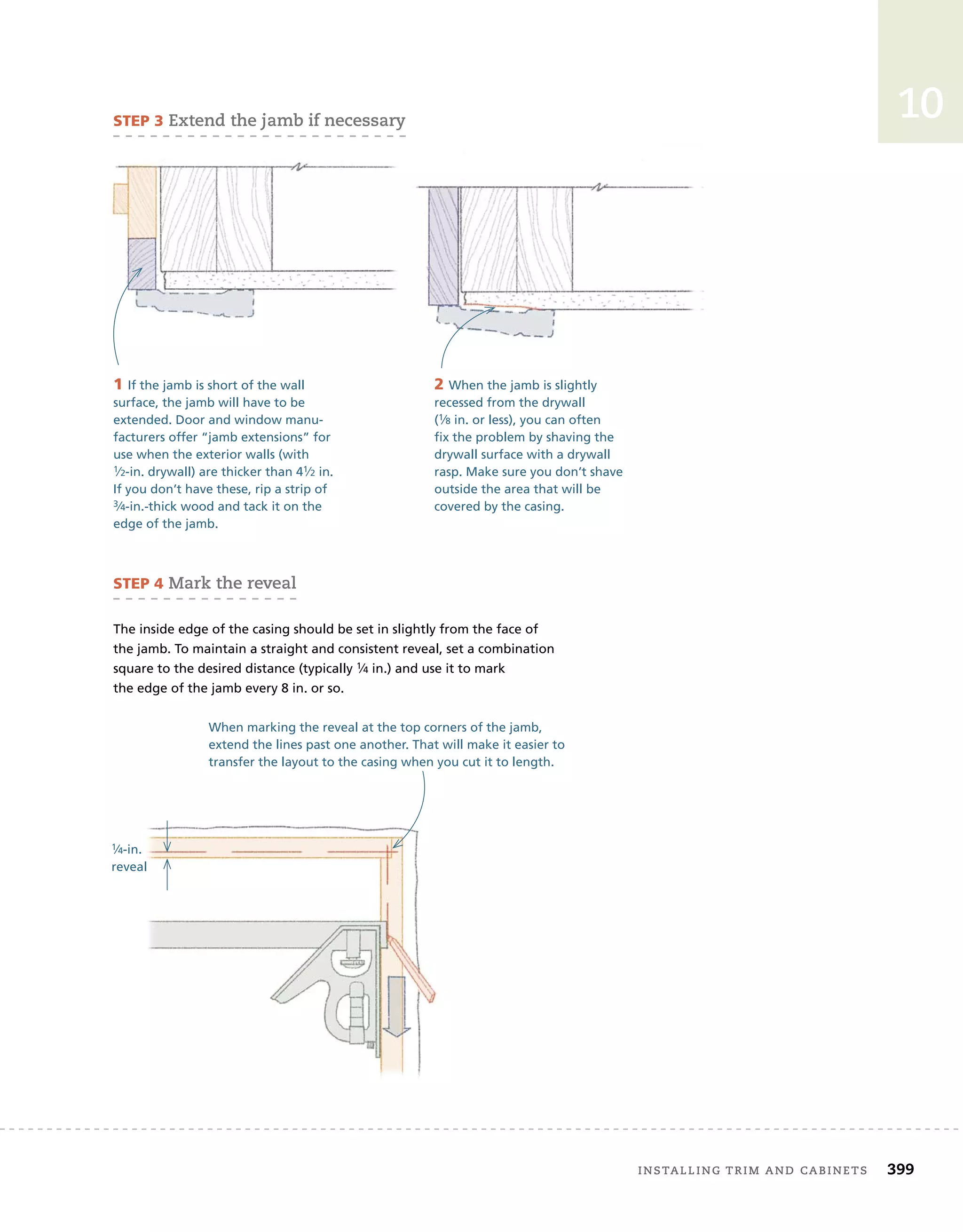 installing	trim	and	cabinets 399
10
2 When the jamb is slightly
recessed from the drywall
(1⁄8 in. or less), you can often
fix the problem by shaving the
drywall surface with a drywall
rasp. Make sure you don’t shave
outside the area that will be
covered by the casing.
SteP 3	extend	the	jamb	if	necessary
1 If the jamb is short of the wall
surface, the jamb will have to be
extended. Door and window manu-
facturers offer “jamb extensions” for
use when the exterior walls (with
1⁄2-in. drywall) are thicker than 41⁄2 in.
If you don’t have these, rip a strip of
3⁄4-in.-thick wood and tack it on the
edge of the jamb.
When marking the reveal at the top corners of the jamb,
extend the lines past one another. That will make it easier to
transfer the layout to the casing when you cut it to length.
SteP 4	mark	the	reveal
The inside edge of the casing should be set in slightly from the face of
the jamb. To maintain a straight and consistent reveal, set a combination
square to the desired distance (typically 1⁄4 in.) and use it to mark
the edge of the jamb every 8 in. or so.
1⁄4-in.
reveal
 