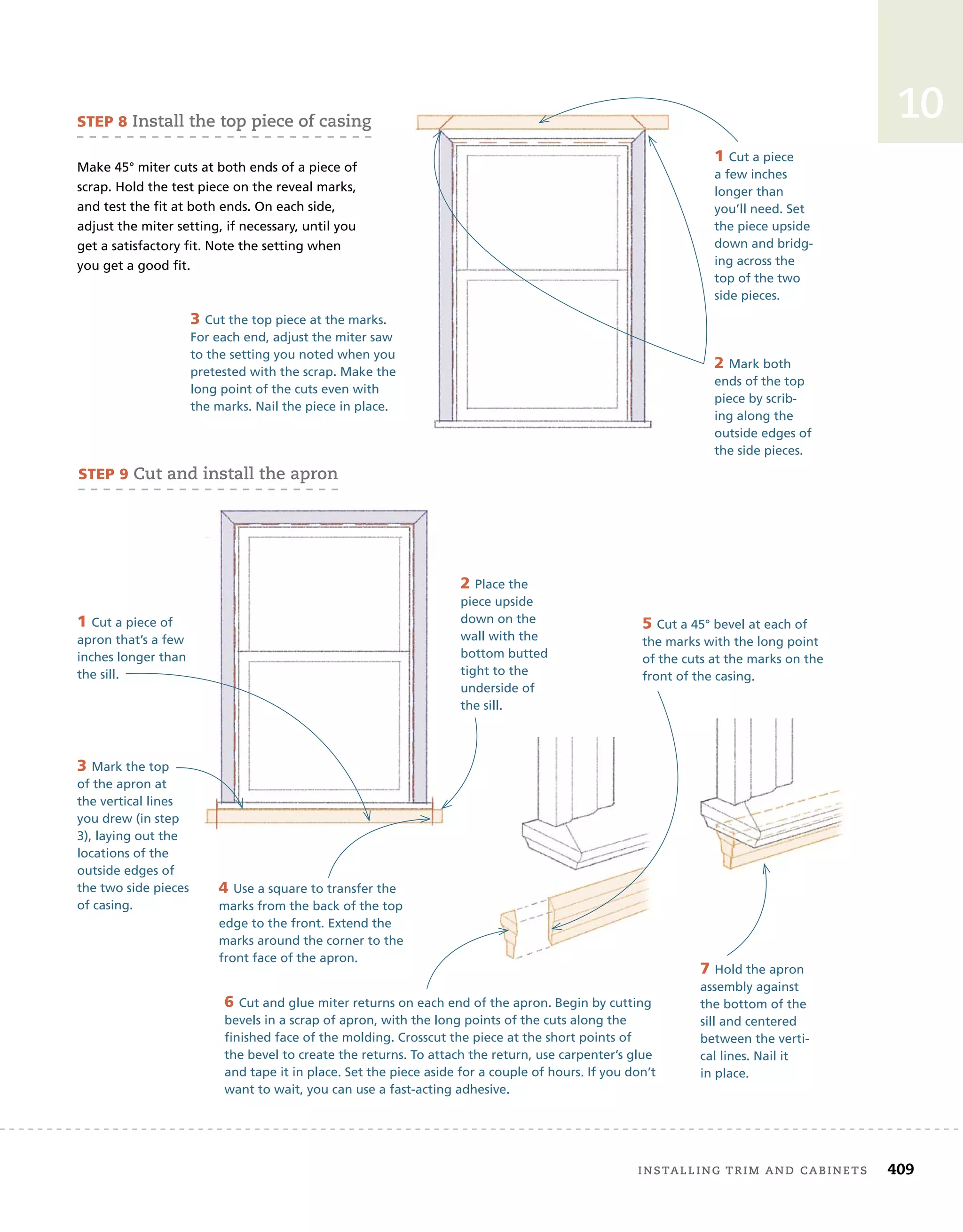 installing	trim	and	cabinets 409
10
3 Cut the top piece at the marks.
For each end, adjust the miter saw
to the setting you noted when you
pretested with the scrap. Make the
long point of the cuts even with
the marks. Nail the piece in place.
SteP 8	install	the	top	piece	of	casing
Make 45° miter cuts at both ends of a piece of
scrap. Hold the test piece on the reveal marks,
and test the fit at both ends. On each side,
adjust the miter setting, if necessary, until you
get a satisfactory fit. Note the setting when
you get a good fit.
1 Cut a piece
a few inches
longer than
you’ll need. Set
the piece upside
down and bridg-
ing across the
top of the two
side pieces.
2 Mark both
ends of the top
piece by scrib-
ing along the
outside edges of
the side pieces.
4 Use a square to transfer the
marks from the back of the top
edge to the front. Extend the
marks around the corner to the
front face of the apron.
SteP 9	cut	and	install	the	apron
1 Cut a piece of
apron that’s a few
inches longer than
the sill.
2 Place the
piece upside
down on the
wall with the
bottom butted
tight to the
underside of
the sill.
3 Mark the top
of the apron at
the vertical lines
you drew (in step
3), laying out the
locations of the
outside edges of
the two side pieces
of casing.
5 Cut a 45° bevel at each of
the marks with the long point
of the cuts at the marks on the
front of the casing.
6 Cut and glue miter returns on each end of the apron. Begin by cutting
bevels in a scrap of apron, with the long points of the cuts along the
finished face of the molding. Crosscut the piece at the short points of
the bevel to create the returns. To attach the return, use carpenter’s glue
and tape it in place. Set the piece aside for a couple of hours. If you don’t
want to wait, you can use a fast-acting adhesive.
7 Hold the apron
assembly against
the bottom of the
sill and centered
between the verti-
cal lines. Nail it
in place.
 