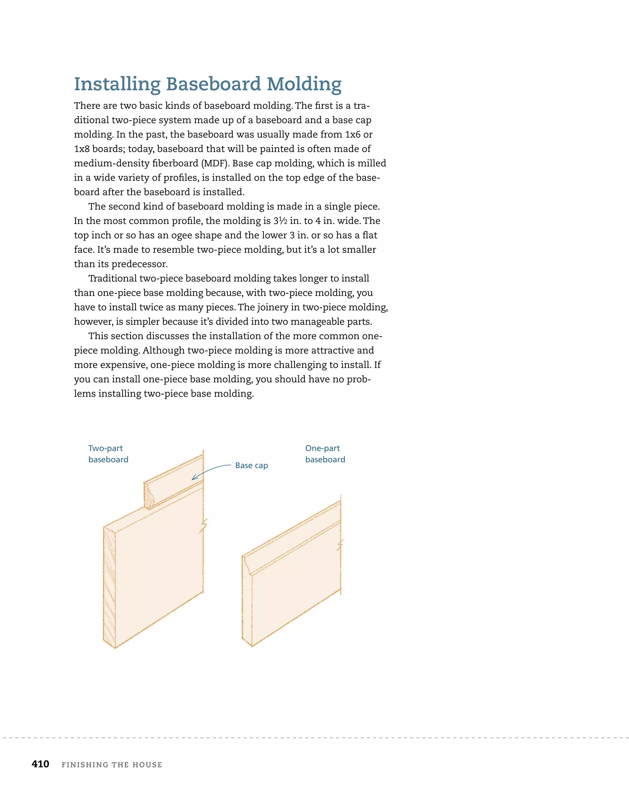 410 finishing	the	house 	
Base cap
Two-part
baseboard
One-part
baseboard
installing	baseboard	molding
There	are	two	basic	kinds	of	baseboard	molding.	The	fi
	rst	is	a	tra-
ditional	two-piece	system	made	up	of	a	baseboard	and	a	base	cap	
molding.	In	the	past,	the	baseboard	was	usually	made	from	1x6	or	
1x8	boards;	today,	baseboard	that	will	be	painted	is	often	made	of	
medium-density	fi
	berboard	(MDF).	Base	cap	molding,	which	is	milled	
in	a	wide	variety	of	profi
	les,	is	installed	on	the	top	edge	of	the	base-
board	after	the	baseboard	is	installed.
The	second	kind	of	baseboard	molding	is	made	in	a	single	piece.	
In	the	most	common	profi
	le,	the	molding	is	31⁄2	in.	to	4	in.	wide.	The	
top	inch	or	so	has	an	ogee	shape	and	the	lower	3	in.	or	so	has	a	fl
	at	
face.	It’s	made	to	resemble	two-piece	molding,	but	it’s	a	lot	smaller	
than	its	predecessor.
Traditional	two-piece	baseboard	molding	takes	longer	to	install	
than	one-piece	base	molding	because,	with	two-piece	molding,	you	
have	to	install	twice	as	many	pieces.	The	joinery	in	two-piece	molding,	
however,	is	simpler	because	it’s	divided	into	two	manageable	parts.
This	section	discusses	the	installation	of	the	more	common	one-
piece	molding.	Although	two-piece	molding	is	more	attractive	and	
more	expensive,	one-piece	molding	is	more	challenging	to	install.	If	
you	can	install	one-piece	base	molding,	you	should	have	no	prob-
lems	installing	two-piece	base	molding.
 