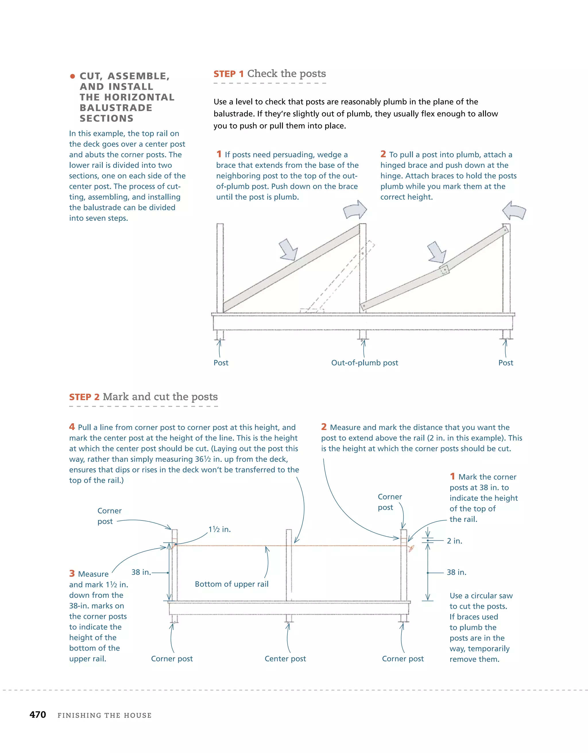 470	 finishing the house 	
• Cut, Assemble,
and Install
the Horizontal
Balustrade
Sections
In this example, the top rail on
the deck goes over a center post
and abuts the corner posts. The
lower rail is divided into two
sections, one on each side of the
center post. The process of cut-
ting, assembling, and installing
the balustrade can be divided
into seven steps.
Post Post
Out-of-plumb post
STEP 1 Check the posts
Use a level to check that posts are reasonably plumb in the plane of the
balustrade. If they’re slightly out of plumb, they usually flex enough to allow
you to push or pull them into place.
1 If posts need persuading, wedge a
brace that extends from the base of the
neighboring post to the top of the out-
of-plumb post. Push down on the brace
until the post is plumb.
2 To pull a post into plumb, attach a
hinged brace and push down at the
hinge. Attach braces to hold the posts
plumb while you mark them at the
correct height.
STEP 2 Mark and cut the posts
1 Mark the corner
posts at 38 in. to
indicate the height
of the top of
the rail.
2 Measure and mark the distance that you want the
post to extend above the rail (2 in. in this example). This
is the height at which the corner posts should be cut.
3 Measure
and mark 11⁄2 in.
down from the
38-in. marks on
the corner posts
to indicate the
height of the
bottom of the
upper rail.
4 Pull a line from corner post to corner post at this height, and
mark the center post at the height of the line. This is the height
at which the center post should be cut. (Laying out the post this
way, rather than simply measuring 361⁄2 in. up from the deck,
ensures that dips or rises in the deck won’t be transferred to the
top of the rail.)
Corner post
Corner post
Corner
post
Corner
post
11⁄2 in.
Bottom of upper rail
Use a circular saw
to cut the posts.
If braces used
to plumb the
posts are in the
way, temporarily
remove them.
Center post
38 in.
2 in.
38 in.
 