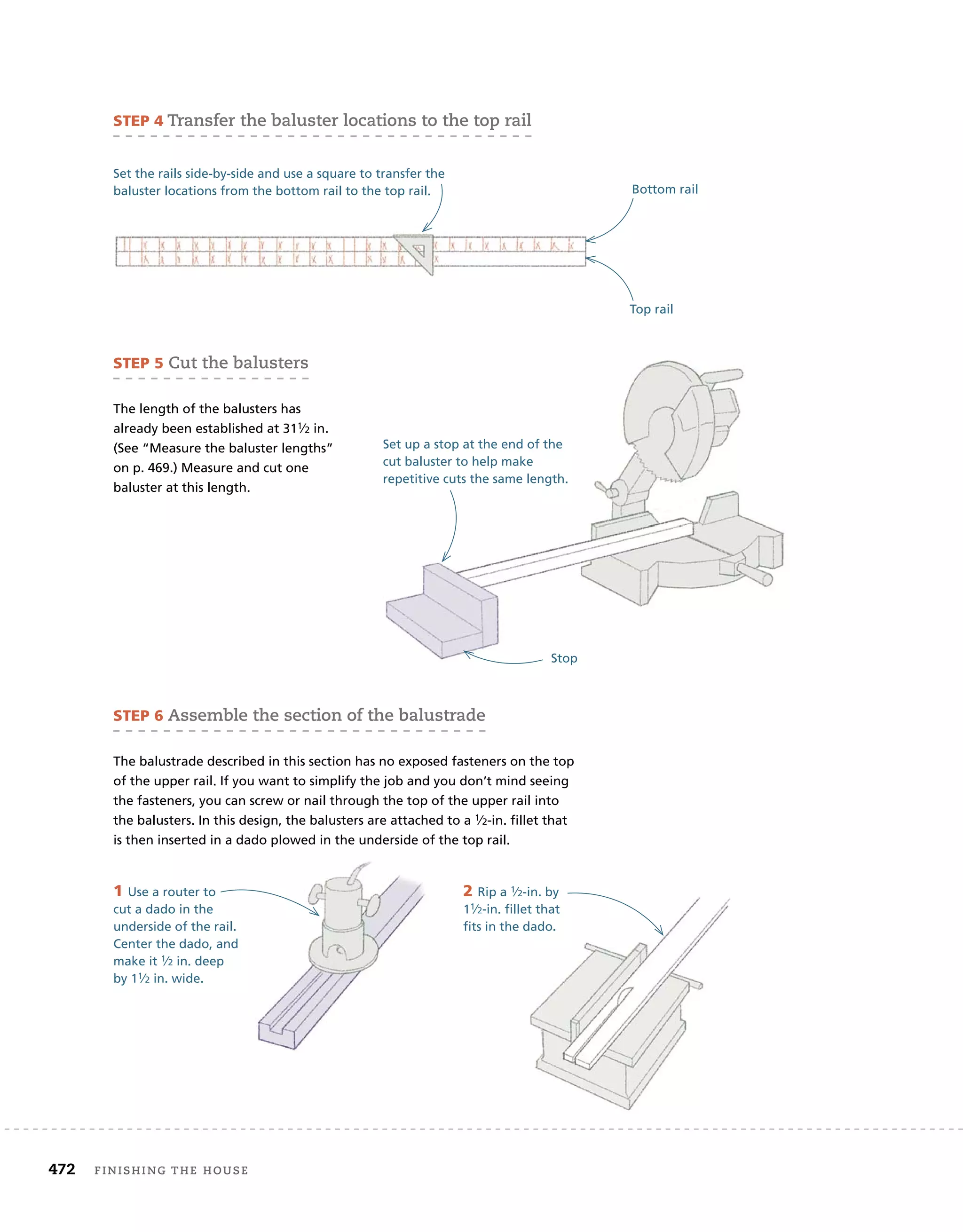 472	 finishing the house 	
Top rail
STEP 4 Transfer the baluster locations to the top rail
Bottom rail
Set the rails side-by-side and use a square to transfer the
baluster locations from the bottom rail to the top rail.
STEP 5 Cut the balusters
The length of the balusters has
already been established at 311⁄2 in.
(See “Measure the baluster lengths”
on p. 469.) Measure and cut one
baluster at this length.
STEP 6 Assemble the section of the balustrade
The balustrade described in this section has no exposed fasteners on the top
of the upper rail. If you want to simplify the job and you don’t mind seeing
the fasteners, you can screw or nail through the top of the upper rail into
the balusters. In this design, the balusters are attached to a 1⁄2-in. fillet that
is then inserted in a dado plowed in the underside of the top rail.
Set up a stop at the end of the
cut baluster to help make
repetitive cuts the same length.
Stop
1 Use a router to
cut a dado in the
underside of the rail.
Center the dado, and
make it 1⁄2 in. deep
by 11⁄2 in. wide.
2 Rip a 1⁄2-in. by
11⁄2-in. fillet that
fits in the dado.
 
