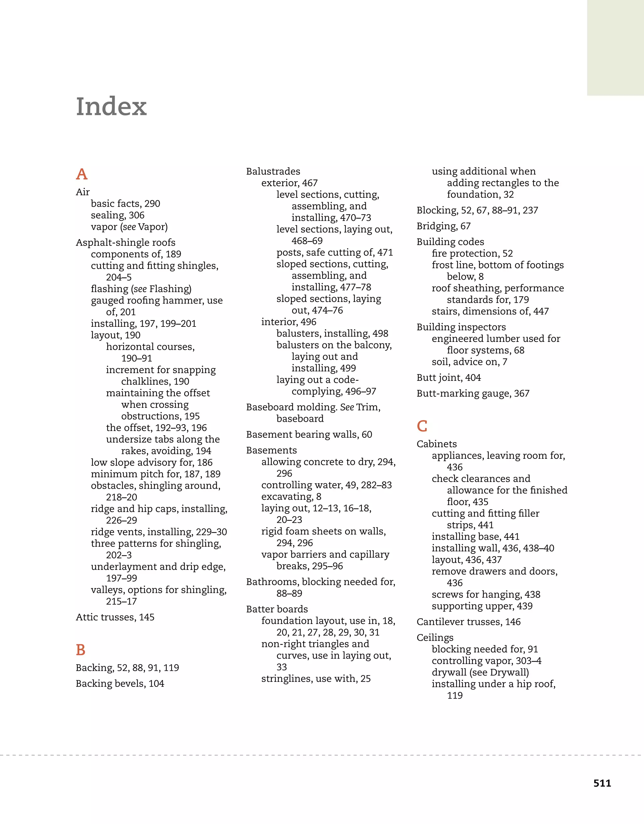511
Index
A
Air
basic facts, 290
sealing, 306
vapor (see Vapor)
Asphalt-shingle roofs
components of, 189
cutting and fitting shingles,
204–5
flashing (see Flashing)
gauged roofing hammer, use
of, 201
installing, 197, 199–201
layout, 190
horizontal courses,
190–91
increment for snapping
chalklines, 190
maintaining the offset
when crossing
obstructions, 195
the offset, 192–93, 196
undersize tabs along the
rakes, avoiding, 194
low slope advisory for, 186
minimum pitch for, 187, 189
obstacles, shingling around,
218–20
ridge and hip caps, installing,
226–29
ridge vents, installing, 229–30
three patterns for shingling,
202–3
underlayment and drip edge,
197–99
valleys, options for shingling,
215–17
Attic trusses, 145
B
Backing, 52, 88, 91, 119
Backing bevels, 104
Balustrades
exterior, 467
level sections, cutting,
assembling, and
installing, 470–73
level sections, laying out,
468–69
posts, safe cutting of, 471
sloped sections, cutting,
assembling, and
installing, 477–78
sloped sections, laying
out, 474–76
interior, 496
balusters, installing, 498
balusters on the balcony,
laying out and
installing, 499
laying out a code-
complying, 496–97
Baseboard molding. See Trim,
baseboard
Basement bearing walls, 60
Basements
allowing concrete to dry, 294,
296
controlling water, 49, 282–83
excavating, 8
laying out, 12–13, 16–18,
20–23
rigid foam sheets on walls,
294, 296
vapor barriers and capillary
breaks, 295–96
Bathrooms, blocking needed for,
88–89
Batter boards
foundation layout, use in, 18,
20, 21, 27, 28, 29, 30, 31
non-right triangles and
curves, use in laying out,
33
stringlines, use with, 25
using additional when
adding rectangles to the
foundation, 32
Blocking, 52, 67, 88–91, 237
Bridging, 67
Building codes
fire protection, 52
frost line, bottom of footings
below, 8
roof sheathing, performance
standards for, 179
stairs, dimensions of, 447
Building inspectors
engineered lumber used for
floor systems, 68
soil, advice on, 7
Butt joint, 404
Butt-marking gauge, 367
C
Cabinets
appliances, leaving room for,
436
check clearances and
allowance for the finished
floor, 435
cutting and fitting filler
strips, 441
installing base, 441
installing wall, 436, 438–40
layout, 436, 437
remove drawers and doors,
436
screws for hanging, 438
supporting upper, 439
Cantilever trusses, 146
Ceilings
blocking needed for, 91
controlling vapor, 303–4
drywall (see Drywall)
installing under a hip roof,
119
 