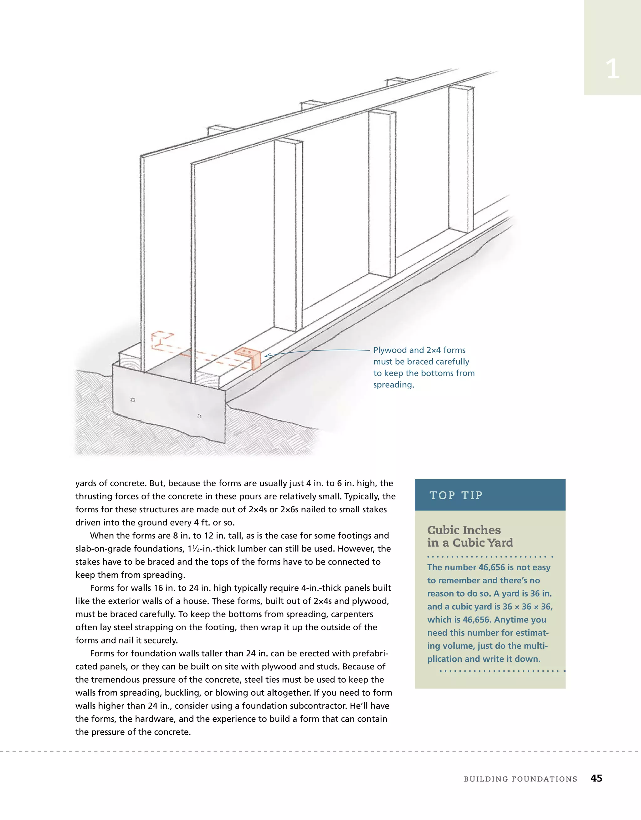 Plywood and 2×4 forms
must be braced carefully
to keep the bottoms from
spreading.
yards of concrete. But, because the forms are usually just 4 in. to 6 in. high, the
thrusting forces of the concrete in these pours are relatively small. Typically, the
forms for these structures are made out of 2×4s or 2×6s nailed to small stakes
driven into the ground every 4 ft. or so.
When the forms are 8 in. to 12 in. tall, as is the case for some footings and
slab-on-grade foundations, 11⁄2-in.-thick lumber can still be used. However, the
stakes have to be braced and the tops of the forms have to be connected to
keep them from spreading.
Forms for walls 16 in. to 24 in. high typically require 4-in.-thick panels built
like the exterior walls of a house. These forms, built out of 2×4s and plywood,
must be braced carefully. To keep the bottoms from spreading, carpenters
often lay steel strapping on the footing, then wrap it up the outside of the
forms and nail it securely.
Forms for foundation walls taller than 24 in. can be erected with prefabri-
cated panels, or they can be built on site with plywood and studs. Because of
the tremendous pressure of the concrete, steel ties must be used to keep the
walls from spreading, buckling, or blowing out altogether. If you need to form
walls higher than 24 in., consider using a foundation subcontractor. He’ll have
the forms, the hardware, and the experience to build a form that can contain
the pressure of the concrete.
Cubic Inches
in a Cubic Yard
The number 46,656 is not easy
to remember and there’s no
reason to do so. A yard is 36 in.
and a cubic yard is 36 × 36 × 36,
which is 46,656. Anytime you
need this number for estimat-
ing volume, just do the multi-
plication and write it down.
toP	tiP
	 Building	foundAtions 45
1
 