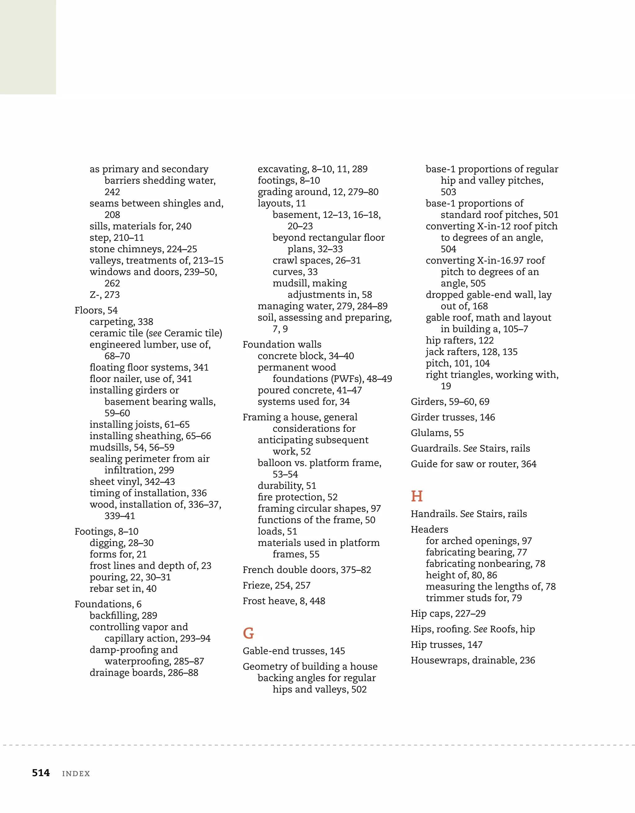 514	 index
as primary and secondary
barriers shedding water,
242
seams between shingles and,
208
sills, materials for, 240
step, 210–11
stone chimneys, 224–25
valleys, treatments of, 213–15
windows and doors, 239–50,
262
Z-, 273
Floors, 54
carpeting, 338
ceramic tile (see Ceramic tile)
engineered lumber, use of,
68–70
floating floor systems, 341
floor nailer, use of, 341
installing girders or
basement bearing walls,
59–60
installing joists, 61–65
installing sheathing, 65–66
mudsills, 54, 56–59
sealing perimeter from air
infiltration, 299
sheet vinyl, 342–43
timing of installation, 336
wood, installation of, 336–37,
339–41
Footings, 8–10
digging, 28–30
forms for, 21
frost lines and depth of, 23
pouring, 22, 30–31
rebar set in, 40
Foundations, 6
backfilling, 289
controlling vapor and
capillary action, 293–94
damp-proofing and
waterproofing, 285–87
drainage boards, 286–88
excavating, 8–10, 11, 289
footings, 8–10
grading around, 12, 279–80
layouts, 11
basement, 12–13, 16–18,
20–23
beyond rectangular floor
plans, 32–33
crawl spaces, 26–31
curves, 33
mudsill, making
adjustments in, 58
managing water, 279, 284–89
soil, assessing and preparing,
7, 9
Foundation walls
concrete block, 34–40
permanent wood
foundations (PWFs), 48–49
poured concrete, 41–47
systems used for, 34
Framing a house, general
considerations for
anticipating subsequent
work, 52
balloon vs. platform frame,
53–54
durability, 51
fire protection, 52
framing circular shapes, 97
functions of the frame, 50
loads, 51
materials used in platform
frames, 55
French double doors, 375–82
Frieze, 254, 257
Frost heave, 8, 448
G
Gable-end trusses, 145
Geometry of building a house
backing angles for regular
hips and valleys, 502
base-1 proportions of regular
hip and valley pitches,
503
base-1 proportions of
standard roof pitches, 501
converting X-in-12 roof pitch
to degrees of an angle,
504
converting X-in-16.97 roof
pitch to degrees of an
angle, 505
dropped gable-end wall, lay
out of, 168
gable roof, math and layout
in building a, 105–7
hip rafters, 122
jack rafters, 128, 135
pitch, 101, 104
right triangles, working with,
19
Girders, 59–60, 69
Girder trusses, 146
Glulams, 55
Guardrails. See Stairs, rails
Guide for saw or router, 364
H
Handrails. See Stairs, rails
Headers
for arched openings, 97
fabricating bearing, 77
fabricating nonbearing, 78
height of, 80, 86
measuring the lengths of, 78
trimmer studs for, 79
Hip caps, 227–29
Hips, roofing. See Roofs, hip
Hip trusses, 147
Housewraps, drainable, 236
 