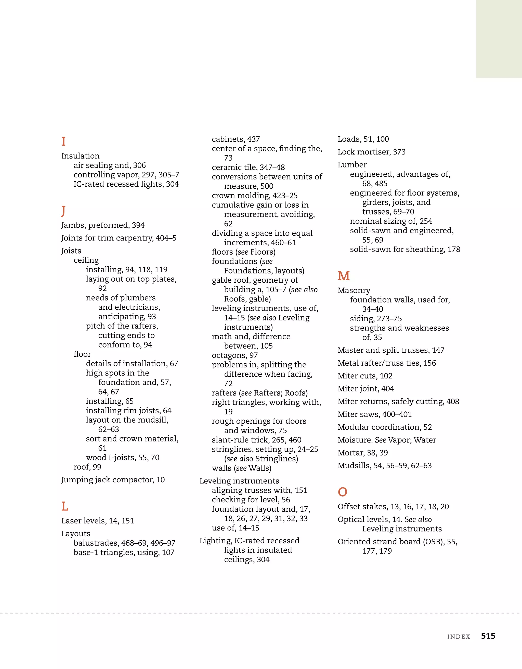 index	 515
I
Insulation
air sealing and, 306
controlling vapor, 297, 305–7
IC-rated recessed lights, 304
J
Jambs, preformed, 394
Joints for trim carpentry, 404–5
Joists
ceiling
installing, 94, 118, 119
laying out on top plates,
92
needs of plumbers
and electricians,
anticipating, 93
pitch of the rafters,
cutting ends to
conform to, 94
floor
details of installation, 67
high spots in the
foundation and, 57,
64, 67
installing, 65
installing rim joists, 64
layout on the mudsill,
62–63
sort and crown material,
61
wood I-joists, 55, 70
roof, 99
Jumping jack compactor, 10
L
Laser levels, 14, 151
Layouts
balustrades, 468–69, 496–97
base-1 triangles, using, 107
cabinets, 437
center of a space, finding the,
73
ceramic tile, 347–48
conversions between units of
measure, 500
crown molding, 423–25
cumulative gain or loss in
measurement, avoiding,
62
dividing a space into equal
increments, 460–61
floors (see Floors)
foundations (see
Foundations, layouts)
gable roof, geometry of
building a, 105–7 (see also
Roofs, gable)
leveling instruments, use of,
14–15 (see also Leveling
instruments)
math and, difference
between, 105
octagons, 97
problems in, splitting the
difference when facing,
72
rafters (see Rafters; Roofs)
right triangles, working with,
19
rough openings for doors
and windows, 75
slant-rule trick, 265, 460
stringlines, setting up, 24–25
(see also Stringlines)
walls (see Walls)
Leveling instruments
aligning trusses with, 151
checking for level, 56
foundation layout and, 17,
18, 26, 27, 29, 31, 32, 33
use of, 14–15
Lighting, IC-rated recessed
lights in insulated
ceilings, 304
Loads, 51, 100
Lock mortiser, 373
Lumber
engineered, advantages of,
68, 485
engineered for floor systems,
girders, joists, and
trusses, 69–70
nominal sizing of, 254
solid-sawn and engineered,
55, 69
solid-sawn for sheathing, 178
M
Masonry
foundation walls, used for,
34–40
siding, 273–75
strengths and weaknesses
of, 35
Master and split trusses, 147
Metal rafter/truss ties, 156
Miter cuts, 102
Miter joint, 404
Miter returns, safely cutting, 408
Miter saws, 400–401
Modular coordination, 52
Moisture. See Vapor; Water
Mortar, 38, 39
Mudsills, 54, 56–59, 62–63
O
Offset stakes, 13, 16, 17, 18, 20
Optical levels, 14. See also
Leveling instruments
Oriented strand board (OSB), 55,
177, 179
 