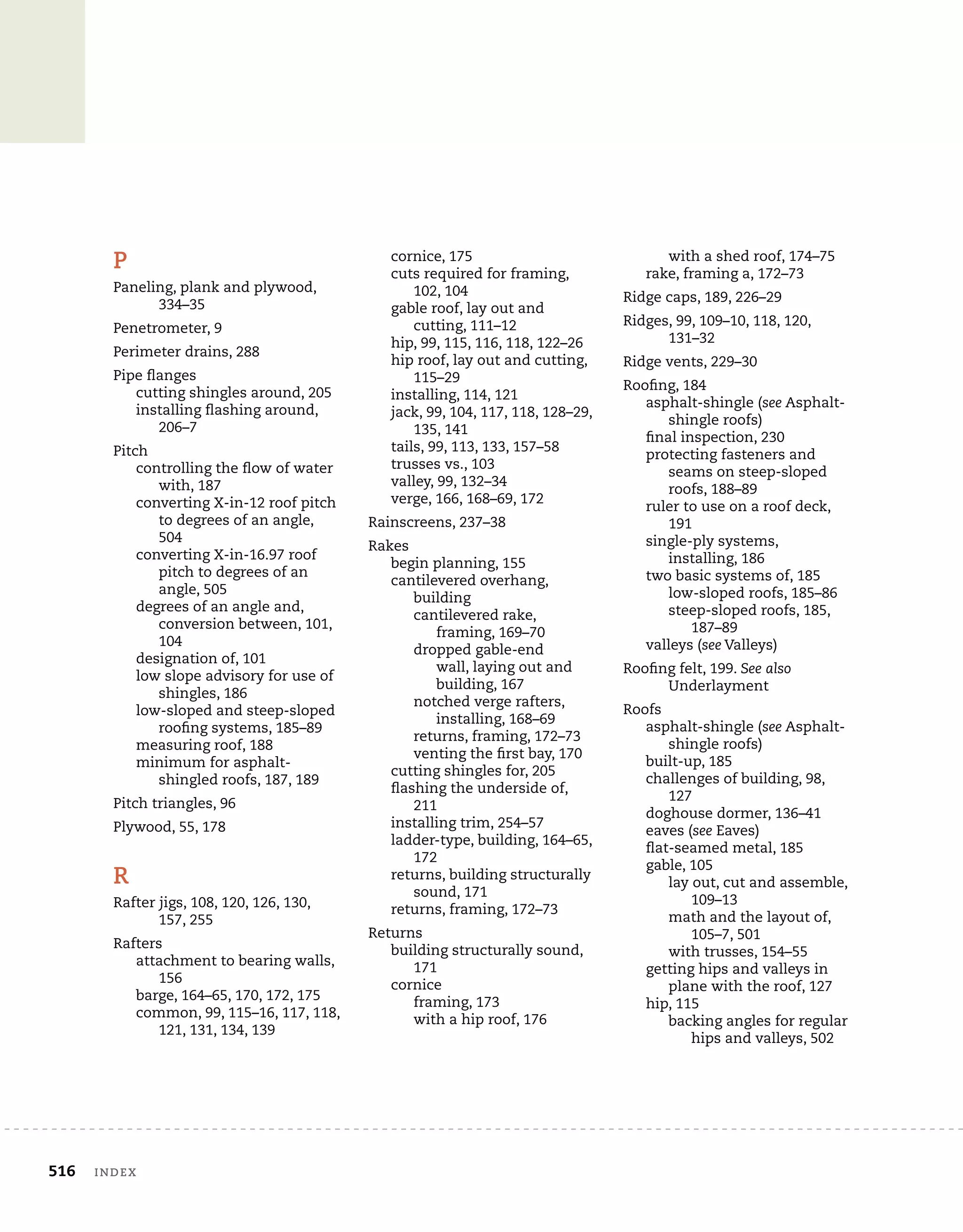 516	 index
P
Paneling, plank and plywood,
334–35
Penetrometer, 9
Perimeter drains, 288
Pipe flanges
cutting shingles around, 205
installing flashing around,
206–7
Pitch
controlling the flow of water
with, 187
converting X-in-12 roof pitch
to degrees of an angle,
504
converting X-in-16.97 roof
pitch to degrees of an
angle, 505
degrees of an angle and,
conversion between, 101,
104
designation of, 101
low slope advisory for use of
shingles, 186
low-sloped and steep-sloped
roofing systems, 185–89
measuring roof, 188
minimum for asphalt-
shingled roofs, 187, 189
Pitch triangles, 96
Plywood, 55, 178
R
Rafter jigs, 108, 120, 126, 130,
157, 255
Rafters
attachment to bearing walls,
156
barge, 164–65, 170, 172, 175
common, 99, 115–16, 117, 118,
121, 131, 134, 139
cornice, 175
cuts required for framing,
102, 104
gable roof, lay out and
cutting, 111–12
hip, 99, 115, 116, 118, 122–26
hip roof, lay out and cutting,
115–29
installing, 114, 121
jack, 99, 104, 117, 118, 128–29,
135, 141
tails, 99, 113, 133, 157–58
trusses vs., 103
valley, 99, 132–34
verge, 166, 168–69, 172
Rainscreens, 237–38
Rakes
begin planning, 155
cantilevered overhang,
building
cantilevered rake,
framing, 169–70
dropped gable-end
wall, laying out and
building, 167
notched verge rafters,
installing, 168–69
returns, framing, 172–73
venting the first bay, 170
cutting shingles for, 205
flashing the underside of,
211
installing trim, 254–57
ladder-type, building, 164–65,
172
returns, building structurally
sound, 171
returns, framing, 172–73
Returns
building structurally sound,
171
cornice
framing, 173
with a hip roof, 176
with a shed roof, 174–75
rake, framing a, 172–73
Ridge caps, 189, 226–29
Ridges, 99, 109–10, 118, 120,
131–32
Ridge vents, 229–30
Roofing, 184
asphalt-shingle (see Asphalt-
shingle roofs)
final inspection, 230
protecting fasteners and
seams on steep-sloped
roofs, 188–89
ruler to use on a roof deck,
191
single-ply systems,
installing, 186
two basic systems of, 185
low-sloped roofs, 185–86
steep-sloped roofs, 185,
187–89
valleys (see Valleys)
Roofing felt, 199. See also
Underlayment
Roofs
asphalt-shingle (see Asphalt-
shingle roofs)
built-up, 185
challenges of building, 98,
127
doghouse dormer, 136–41
eaves (see Eaves)
flat-seamed metal, 185
gable, 105
lay out, cut and assemble,
109–13
math and the layout of,
105–7, 501
with trusses, 154–55
getting hips and valleys in
plane with the roof, 127
hip, 115
backing angles for regular
hips and valleys, 502
 
