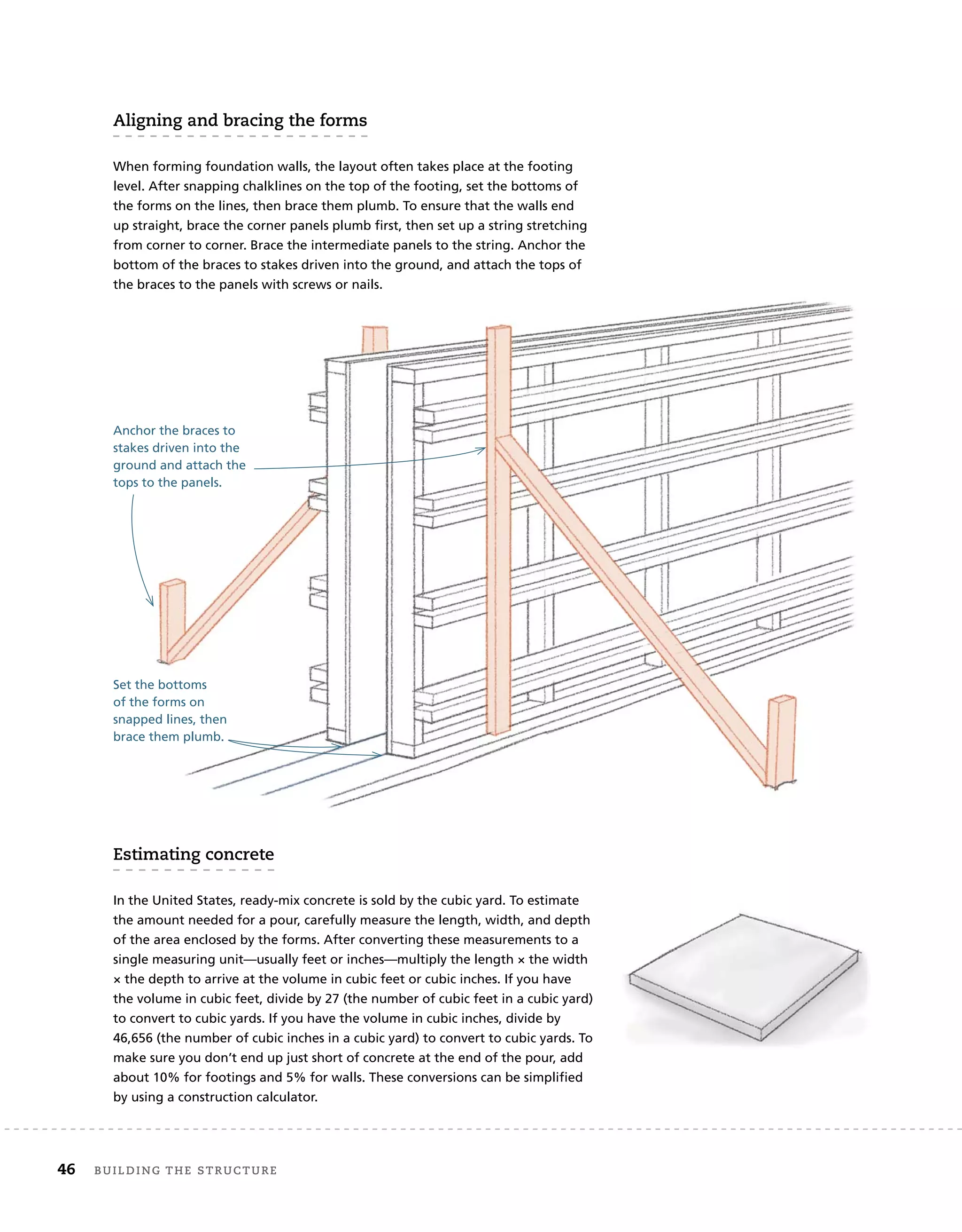 46 Building	the	structure
estimating	concrete
In the United States, ready-mix concrete is sold by the cubic yard. To estimate
the amount needed for a pour, carefully measure the length, width, and depth
of the area enclosed by the forms. After converting these measurements to a
single measuring unit—usually feet or inches—multiply the length × the width
× the depth to arrive at the volume in cubic feet or cubic inches. If you have
the volume in cubic feet, divide by 27 (the number of cubic feet in a cubic yard)
to convert to cubic yards. If you have the volume in cubic inches, divide by
46,656 (the number of cubic inches in a cubic yard) to convert to cubic yards. To
make sure you don’t end up just short of concrete at the end of the pour, add
about 10% for footings and 5% for walls. These conversions can be simplified
by using a construction calculator.
Aligning	and	bracing	the	forms
When forming foundation walls, the layout often takes place at the footing
level. After snapping chalklines on the top of the footing, set the bottoms of
the forms on the lines, then brace them plumb. To ensure that the walls end
up straight, brace the corner panels plumb first, then set up a string stretching
from corner to corner. Brace the intermediate panels to the string. Anchor the
bottom of the braces to stakes driven into the ground, and attach the tops of
the braces to the panels with screws or nails.
Set the bottoms
of the forms on
snapped lines, then
brace them plumb.
Anchor the braces to
stakes driven into the
ground and attach the
tops to the panels.
 