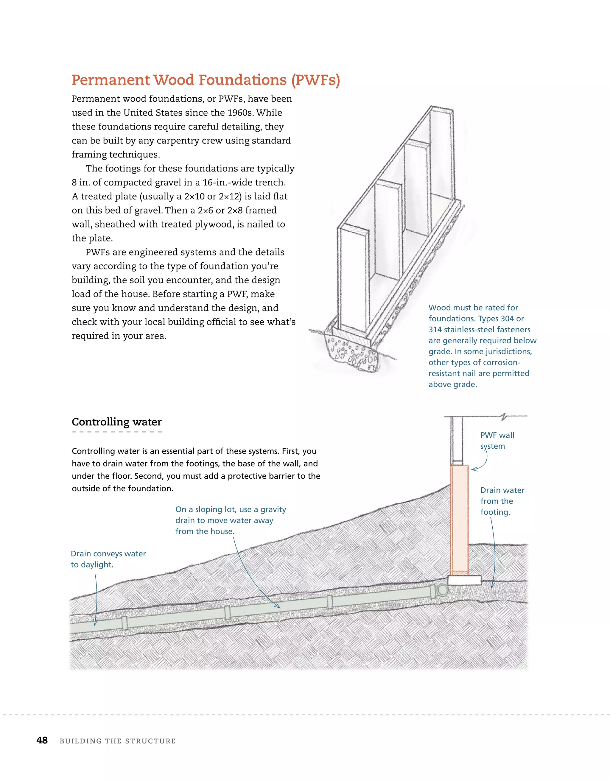 Permanent	wood	foundations,	or	PWFs,	have	been	
used	in	the	United	States	since	the	1960s.	While	
these	foundations	require	careful	detailing,	they	
can	be	built	by	any	carpentry	crew	using	standard	
framing	techniques.
The	footings	for	these	foundations	are	typically	
8	in.	of	compacted	gravel	in	a	16-in.-wide	trench.	
A	treated	plate	(usually	a	2×10	or	2×12)	is	laid	ﬂ
	at	
on	this	bed	of	gravel.	Then	a	2×6	or	2×8	framed	
wall,	sheathed	with	treated	plywood,	is	nailed	to	
the	plate.
PWFs	are	engineered	systems	and	the	details	
vary	according	to	the	type	of	foundation	you’re	
building,	the	soil	you	encounter,	and	the	design	
load	of	the	house.	Before	starting	a	PWF,	make	
sure	you	know	and	understand	the	design,	and	
check	with	your	local	building	ofﬁ
	cial	to	see	what’s	
required	in	your	area.
Wood must be rated for
foundations. Types 304 or
314 stainless-steel fasteners
are generally required below
grade. In some jurisdictions,
other types of corrosion-
resistant nail are permitted
above grade.
Permanent	wood	foundations	(Pwfs)
controlling	water
Controlling water is an essential part of these systems. First, you
have to drain water from the footings, the base of the wall, and
under the floor. Second, you must add a protective barrier to the
outside of the foundation.
On a sloping lot, use a gravity
drain to move water away
from the house.
Drain water
from the
footing.
Drain conveys water
to daylight.
PWF wall
system
Permanent	wood	foundations,	or	PWFs,	have	been	
used	in	the	United	States	since	the	1960s.	While	
these	foundations	require	careful	detailing,	they	
can	be	built	by	any	carpentry	crew	using	standard	
The	footings	for	these	foundations	are	typically	
8	in.	of	compacted	gravel	in	a	16-in.-wide	trench.	
A	treated	plate	(usually	a	2×10	or	2×12)	is	laid	ﬂ
	at	
wall,	sheathed	with	treated	plywood,	is	nailed	to	
PWFs	are	engineered	systems	and	the	details	
check	with	your	local	building	ofﬁ
	cial	to	see	what’s	
Wood must be rated for
foundations. Types 304 or
314 stainless-steel fasteners
are generally required below
grade. In some jurisdictions,
other types of corrosion-
resistant nail are permitted
above grade.
Permanent	wood	foundations	(Pwfs)
48 Building	the	structure
 