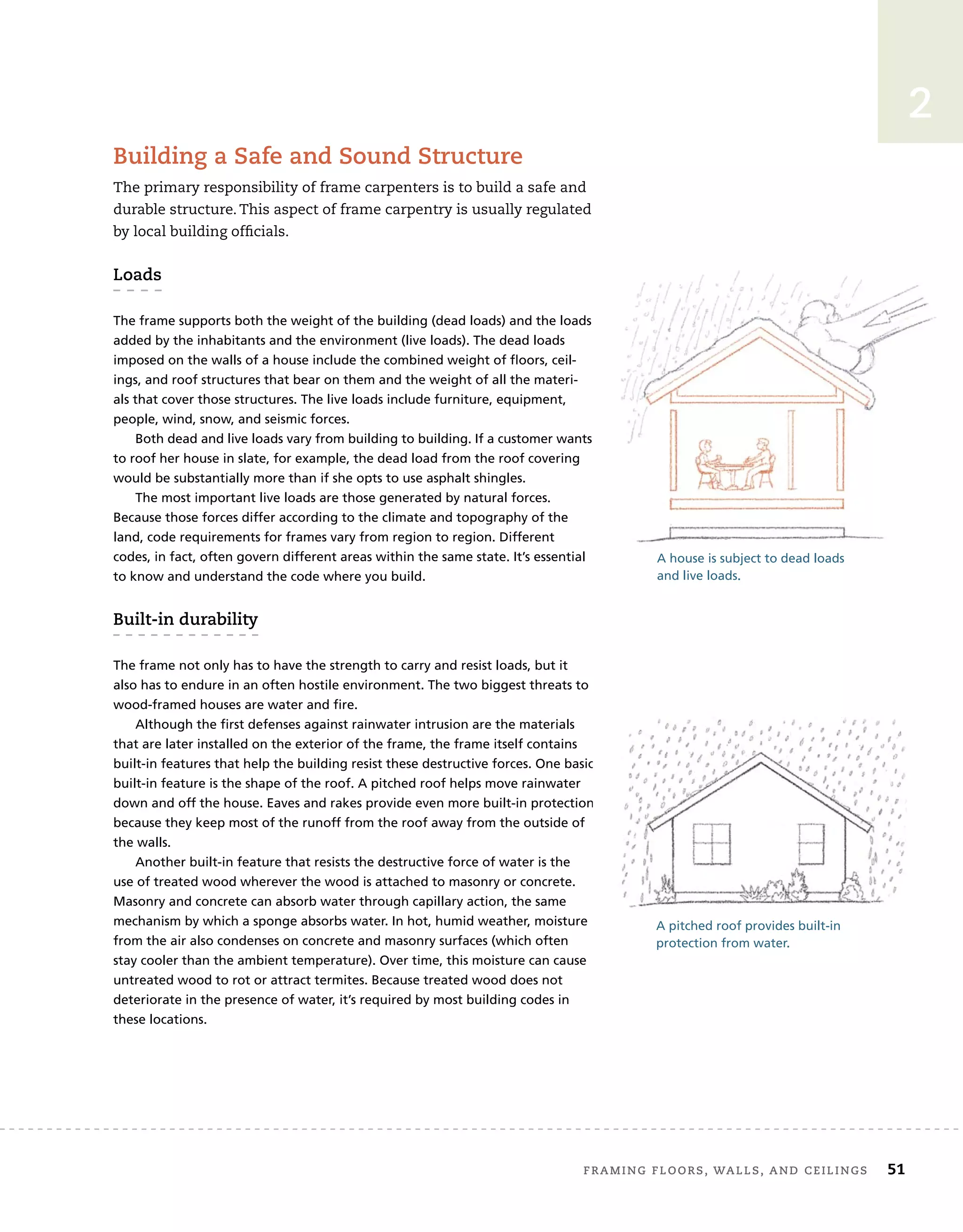 2
	 Framing floors, walls, and ceilings	 51
Building a Safe and Sound Structure
The primary responsibility of frame carpenters is to build a safe and
durable structure. This aspect of frame carpentry is usually regulated
by local building officials.
Loads
The frame supports both the weight of the building (dead loads) and the loads
added by the inhabitants and the environment (live loads). The dead loads
imposed on the walls of a house include the combined weight of floors, ceil-
ings, and roof structures that bear on them and the weight of all the materi-
als that cover those structures. The live loads include furniture, equipment,
people, wind, snow, and seismic forces.
Both dead and live loads vary from building to building. If a customer wants
to roof her house in slate, for example, the dead load from the roof covering
would be substantially more than if she opts to use asphalt shingles.
The most important live loads are those generated by natural forces.
Because those forces differ according to the climate and topography of the
land, code requirements for frames vary from region to region. Different
codes, in fact, often govern different areas within the same state. It’s essential
to know and understand the code where you build.
Built-in durability
The frame not only has to have the strength to carry and resist loads, but it
also has to endure in an often hostile environment. The two biggest threats to
wood-framed houses are water and fire.
Although the first defenses against rainwater intrusion are the materials
that are later installed on the exterior of the frame, the frame itself contains
built-in features that help the building resist these destructive forces. One basic
built-in feature is the shape of the roof. A pitched roof helps move rainwater
down and off the house. Eaves and rakes provide even more built-in protection
because they keep most of the runoff from the roof away from the outside of
the walls.
Another built-in feature that resists the destructive force of water is the
use of treated wood wherever the wood is attached to masonry or concrete.
Masonry and concrete can absorb water through capillary action, the same
mechanism by which a sponge absorbs water. In hot, humid weather, moisture
from the air also condenses on concrete and masonry surfaces (which often
stay cooler than the ambient temperature). Over time, this moisture can cause
untreated wood to rot or attract termites. Because treated wood does not
deteriorate in the presence of water, it’s required by most building codes in
these locations.
A house is subject to dead loads
and live loads.
A pitched roof provides built-in
protection from water.
 