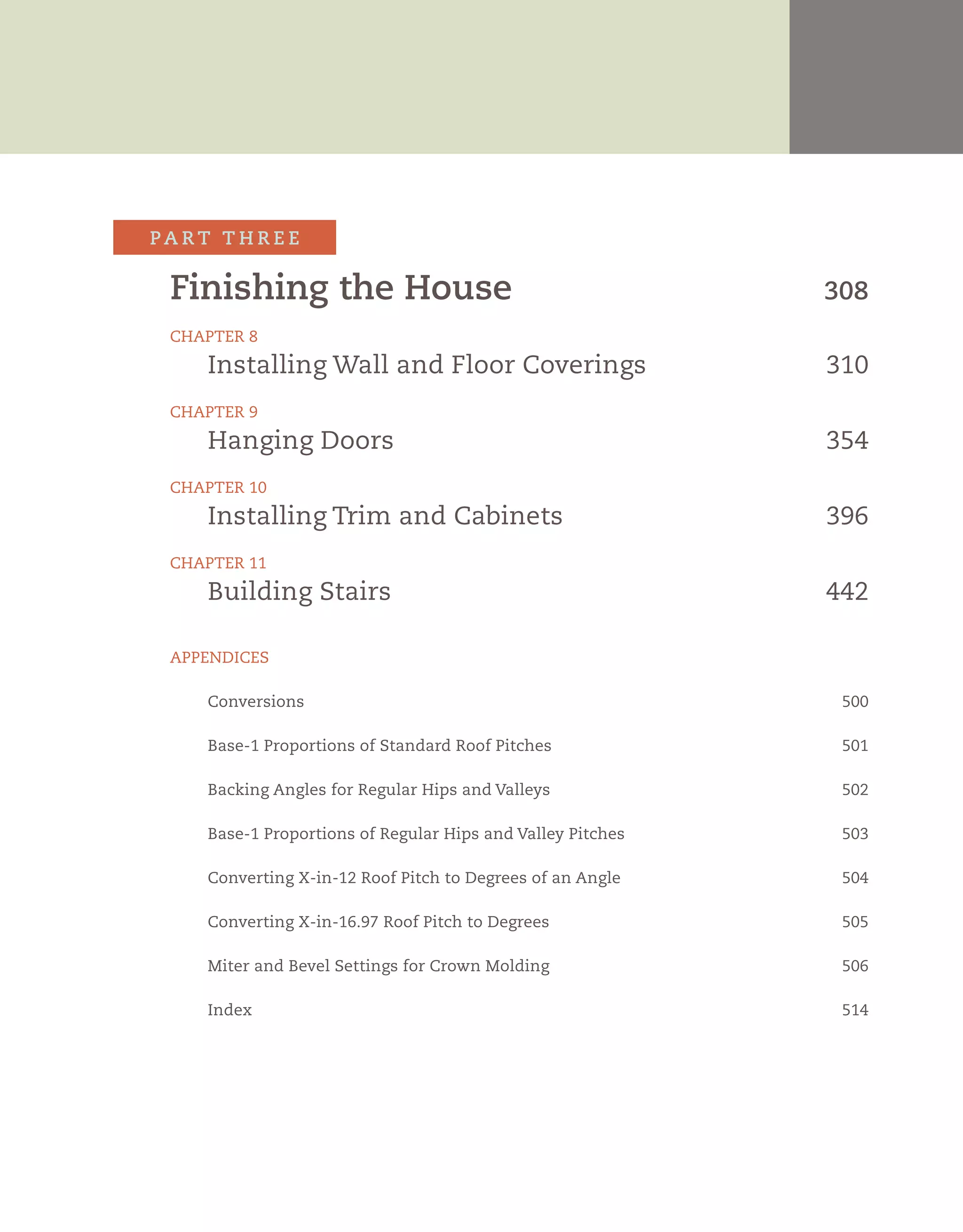 Finishing the House	 308
	 Chapter 8
	 Installing Wall and Floor Coverings	 310
	Chapter 9
	 Hanging Doors	354
	Chapter 10
	 Installing Trim and Cabinets	 396
	Chapter 11
	 Building Stairs	442
	appendices
	 Conversions	 500
	Base-1 Proportions of Standard Roof Pitches	 501
	Backing Angles for Regular Hips and Valleys	 502
	Base-1 Proportions of Regular Hips and Valley Pitches	 503
	Converting X-in-12 Roof Pitch to Degrees of an Angle	 504
	Converting X-in-16.97 Roof Pitch to Degrees	 505
	Miter and Bevel Settings for Crown Molding	 506
	Index	 514
pa r t t h r ee
	
 