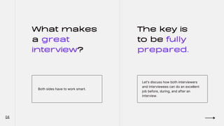 What makes
a great
interview?
Both sides have to work smart.
The key is
to be fully
prepared.
Let's discuss how both interviewers
and interviewees can do an excellent
job before, during, and after an
interview.
04
 