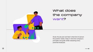 What does
the company
want?
Study the job post and learn what kind of person
the position needs. Keep in mind the company's
principles and goals while evaluating every
potential employee.
06
 