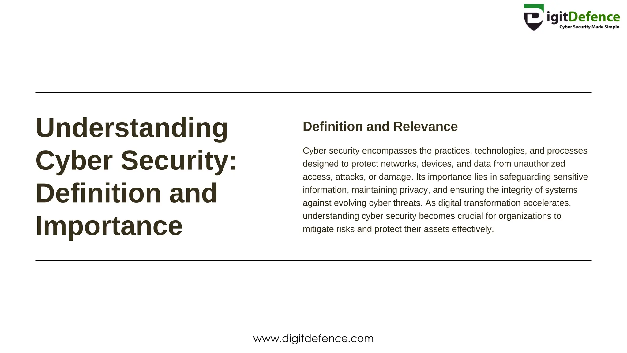 Understanding
Cyber Security:
Definition and
Importance
Definition and Relevance
Cyber security encompasses the practices, technologies, and processes
designed to protect networks, devices, and data from unauthorized
access, attacks, or damage. Its importance lies in safeguarding sensitive
information, maintaining privacy, and ensuring the integrity of systems
against evolving cyber threats. As digital transformation accelerates,
understanding cyber security becomes crucial for organizations to
mitigate risks and protect their assets effectively.
www.digitdefence.com
 