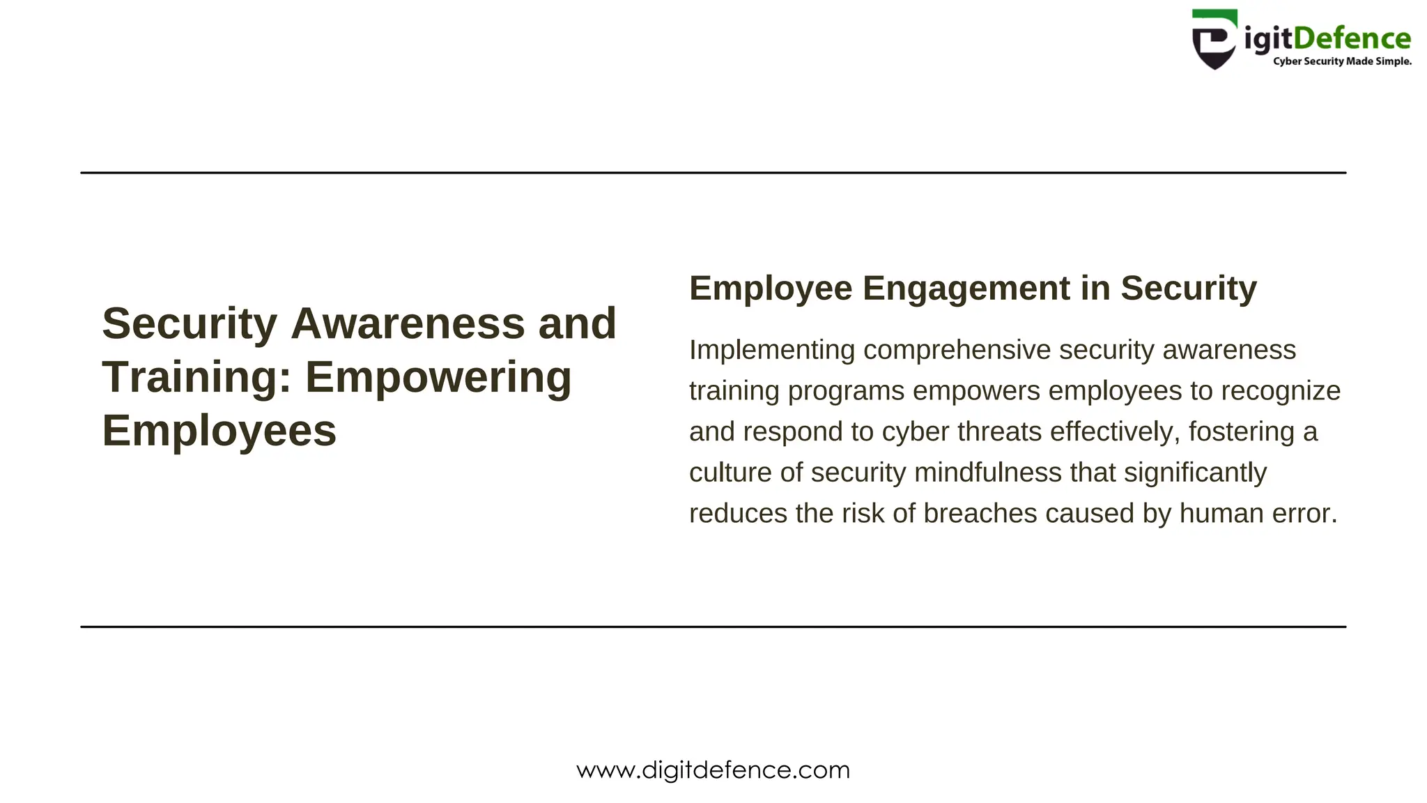Security Awareness and
Training: Empowering
Employees
Employee Engagement in Security
Implementing comprehensive security awareness
training programs empowers employees to recognize
and respond to cyber threats effectively, fostering a
culture of security mindfulness that significantly
reduces the risk of breaches caused by human error.
www.digitdefence.com
 