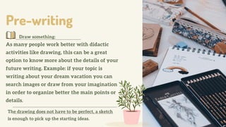 Pre-writing
• Draw something:
As many people work better with didactic
activities like drawing, this can be a great
option to know more about the details of your
future writing. Example: if your topic is
writing about your dream vacation you can
search images or draw from your imagination
in order to organize better the main points or
details.
The drawing does not have to be perfect, a sketch
is enough to pick up the starting ideas.
 