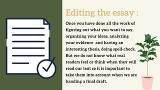 Editing the essay :
Once you have done all the work of
figuring out what you want to say,
organizing your ideas, analyzing
your evidence and having an
interesting thesis, doing spell-check.
But we do not know what real
readers feel or think when they will
read our text so it is important to
take them into account when we are
handing a final draft.
 