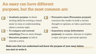 An essay can have different
purposes, but the most common are:
• Academic purpose: to show
writing skills by writing a timed
essay in class or understanding
about a certain topic.
• To compare and contrast
something (Two or more things).
• Narrative purpose: to tell or
narrate a story.
• Persuasive essay (Persuasion purpose):
convince the reader to hold a certain
thought or opinion, or take a particular
action.
• Expository essay (Informative
purpose): to expose, discuss or explain
a topic and give a personal opinion.
Make sure that you understand and know the purpose of your essay before
you start to write it.
 