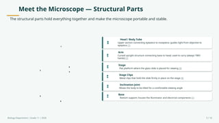 Meet the Microscope — Structural Parts
The structural parts hold everything together and make the microscope portable and stable.
1
2
3
4
5
6
1
Head / Body Tube
Upper section connecting eyepiece to nosepiece; guides light from objective to
eyepiece [1]
2
Arm
Curved upright structure connecting base to head; used to carry (always TWO
hands) [1]
3
Stage
Flat platform where the glass slide is placed for viewing [3]
4
Stage Clips
Metal clips that hold the slide firmly in place on the stage [3]
5
Inclination Joint
Allows the body to be tilted for a comfortable viewing angle
6
Base
Bottom support; houses the illuminator and electrical components [1]
Biology Department | Grade 11 | 2026 3 / 16
 