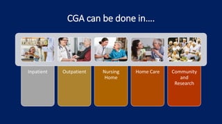 CGA can be done in….
Inpatient Outpatient Nursing
Home
Home Care Community
and
Research
 
