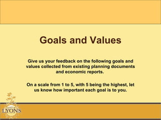 Goals and Values Give us your feedback on the following goals and values collected from existing planning documents and economic reports.  On a scale from 1 to 5, with 5 being the highest, let us know how important each goal is to you. 