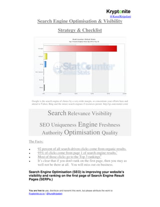 @KunalKripalani
         Search Engine Optimisation & Visibility
                              Strategy & Checklist




    Google is the search engine of choice by a very wide margin, so concentrate your efforts here and
    attend to Yahoo, Bing and the minor search engines if resources permit. http://gs.statcounter.com/



                    Search Relevance Visibility
           SEO Uniqueness Engine Freshness
            Authority Optimisation Quality
The Facts:

♦         92 percent of all search-driven clicks come from organic results.
♦         95% of clicks come from page 1 of search engine results.i
♦         Most of those clicks go to the Top 3 rankingsii
♦         It’s clear that if you don't rank on the first page, then you may as
          well not be there at all. You will miss out on business.

Search Engine Optimisation (SEO) is improving your website's
visibility and ranking on the first page of Search Engine Result
Pages (SERPs.)


You are free to use, distribute and transmit this work, but please attribute the work to:
Kryptonite.co.nz | @kunalkripalani
 