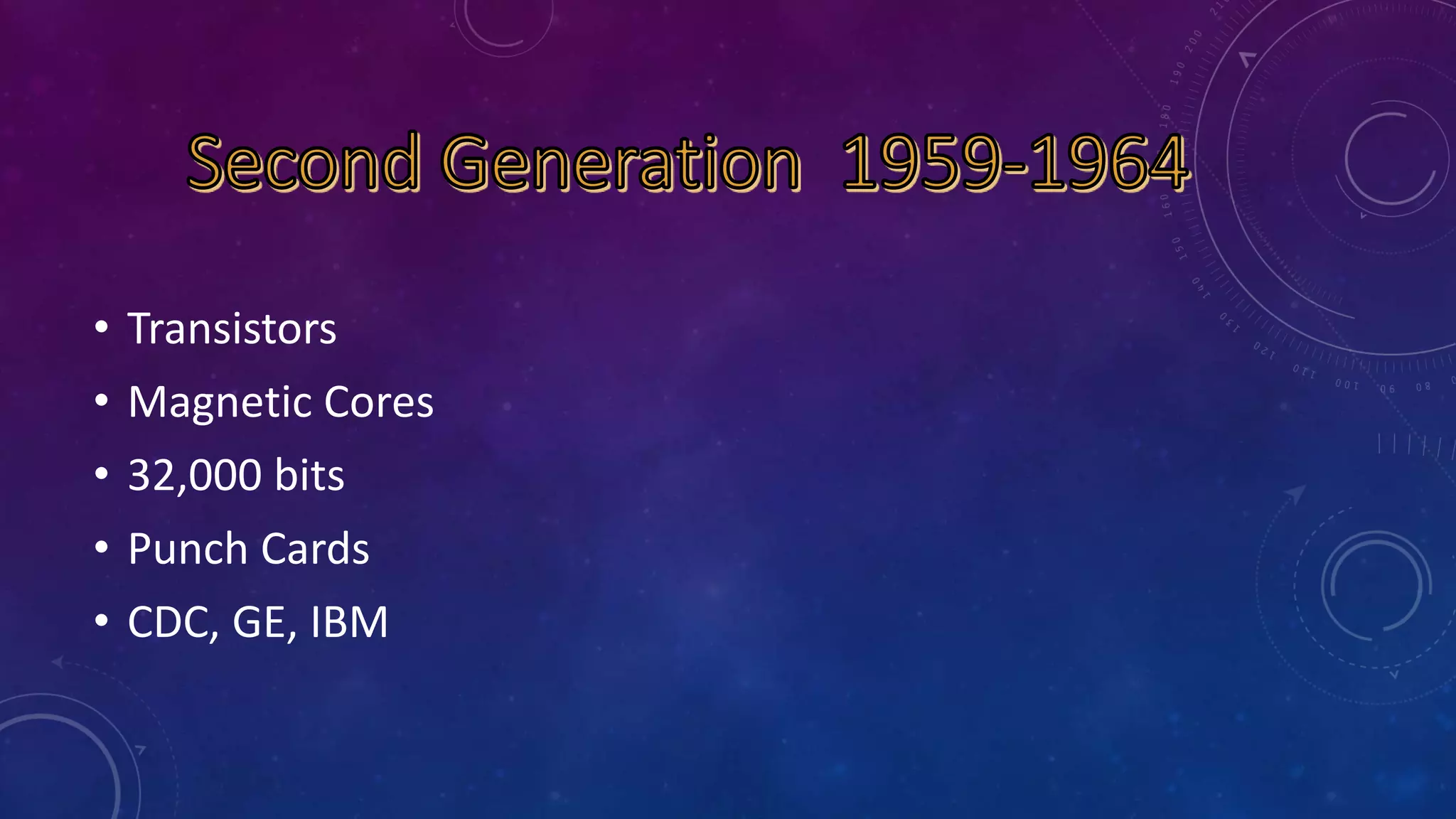 • Transistors
• Magnetic Cores
• 32,000 bits
• Punch Cards
• CDC, GE, IBM
 
